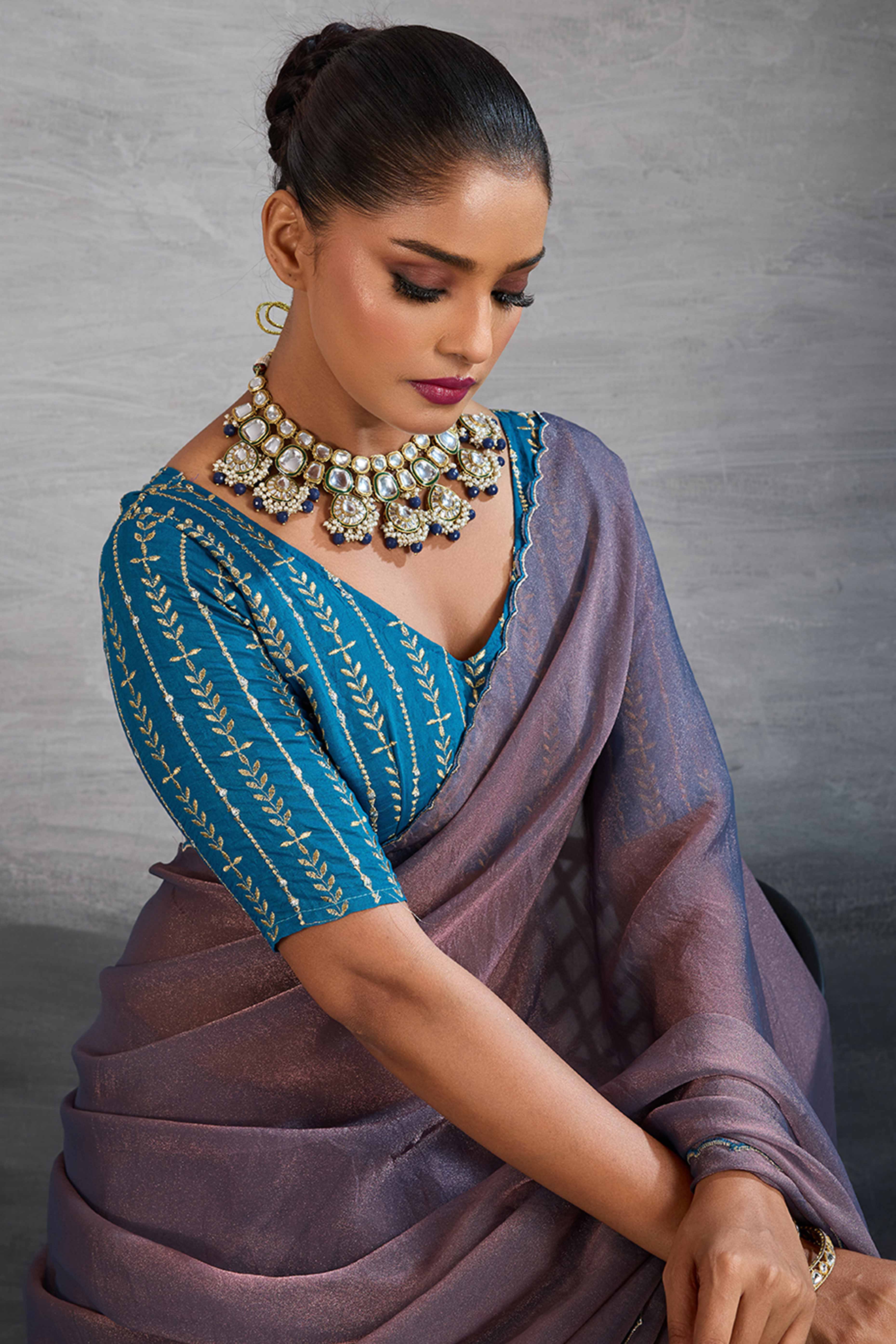 Mauve Solid Organza Jimmy Choo Saree Accentuated With Elegant Cutwork Border Detailing - Image 6