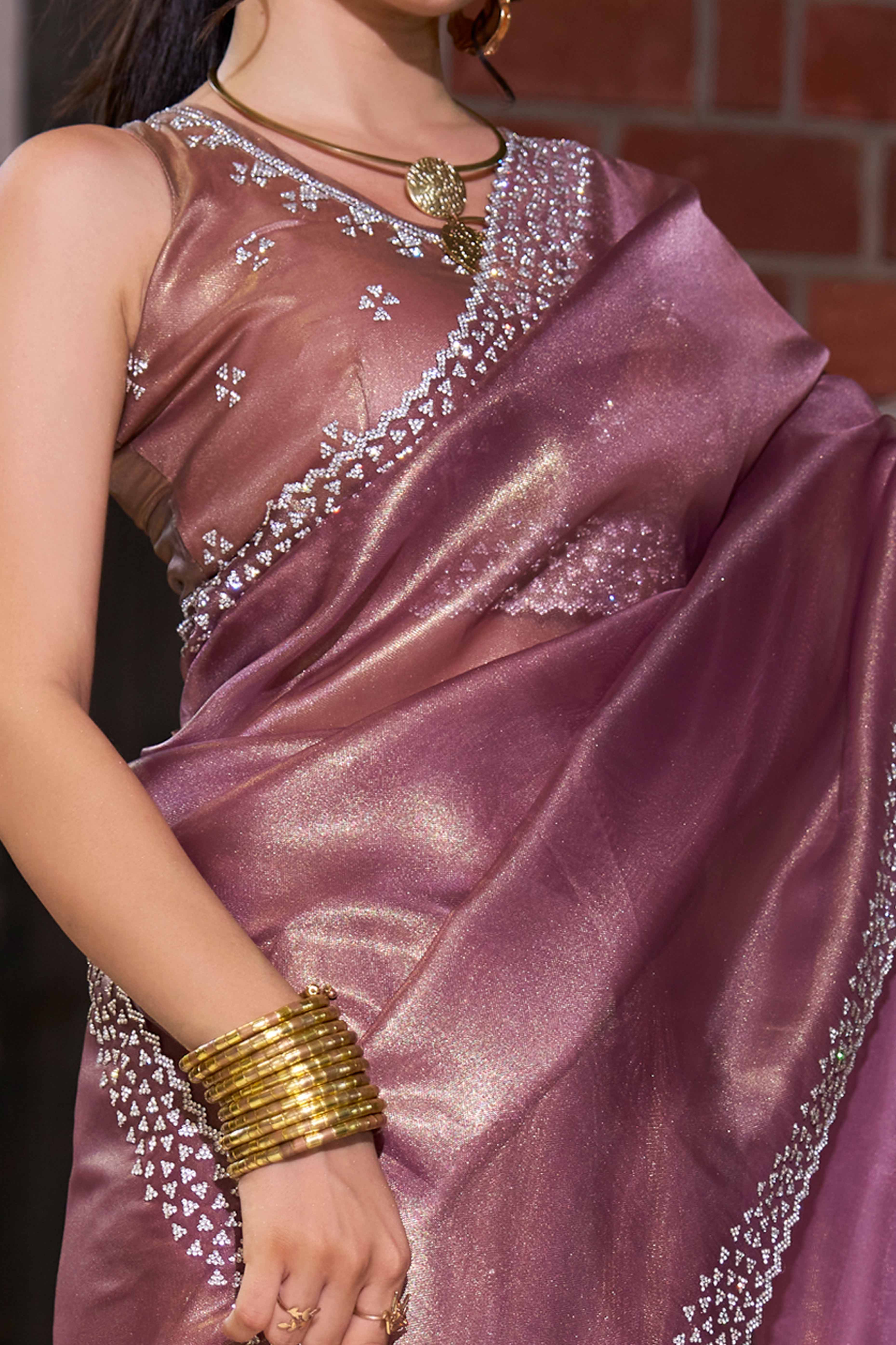 Mauve Solid With Zarkan Work Organza Saree - Image 2