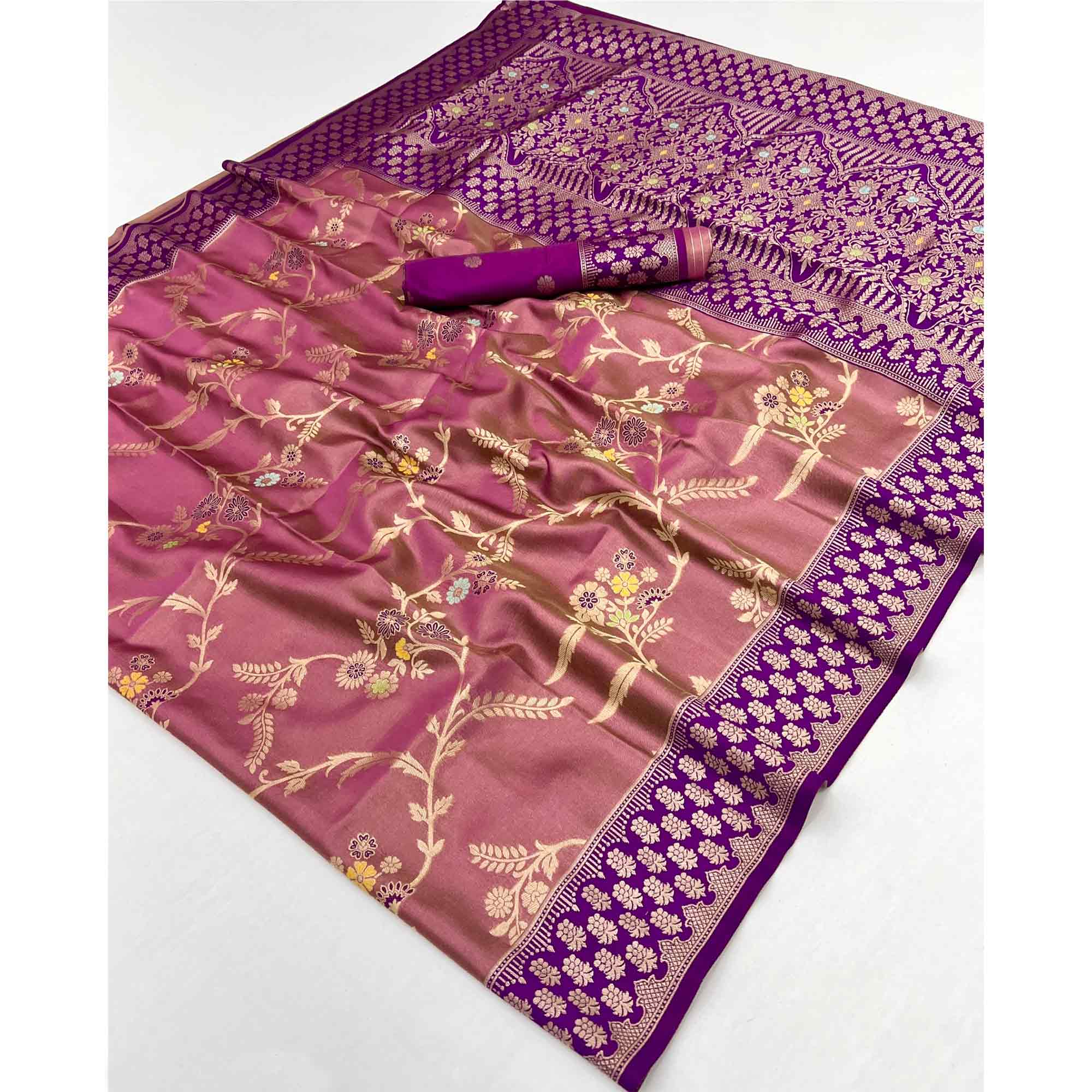 Mauve Tissue Dharmavaram Silk Saree Adorned with Fine Traditional Minakari Weaving - Image 3