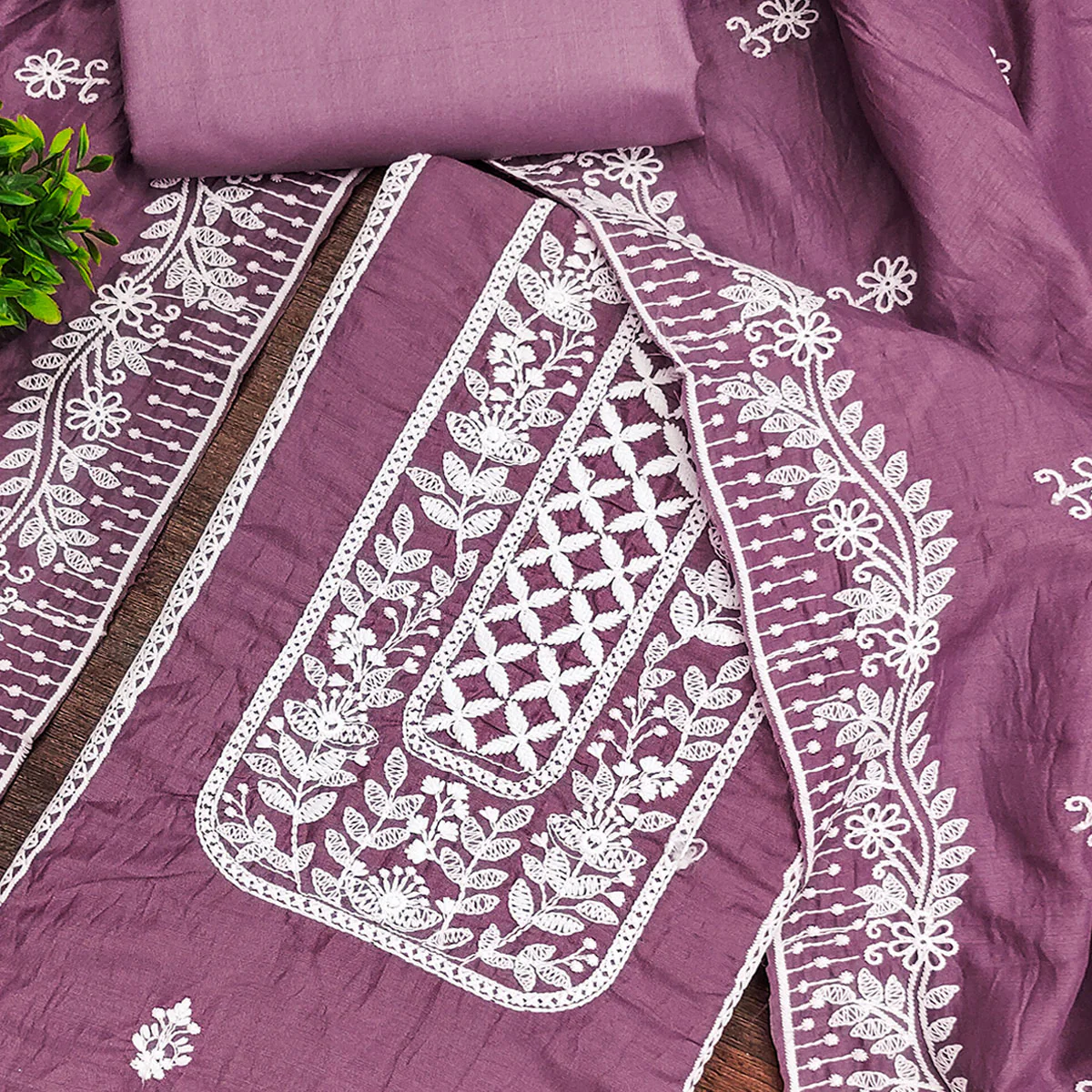 Mauve Unstitched Suit Material in Luxurious Cotton Silk with Exquisite Floral Embroidery - Image 2