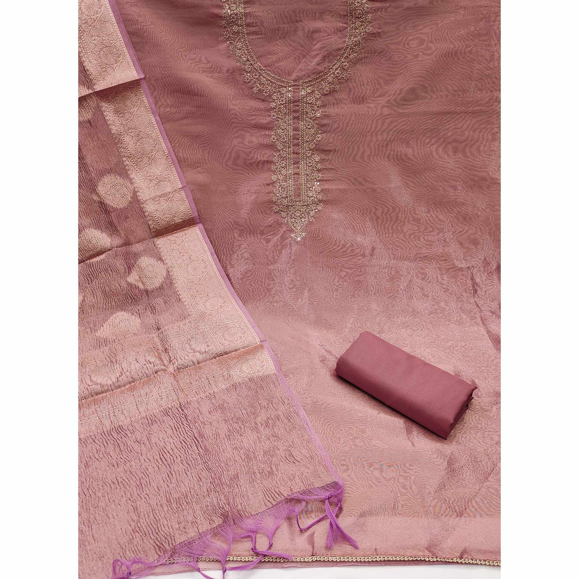 Mauve Woven With Embroidered Banarasi Silk Shimmer Crush Dress Material - Image 2