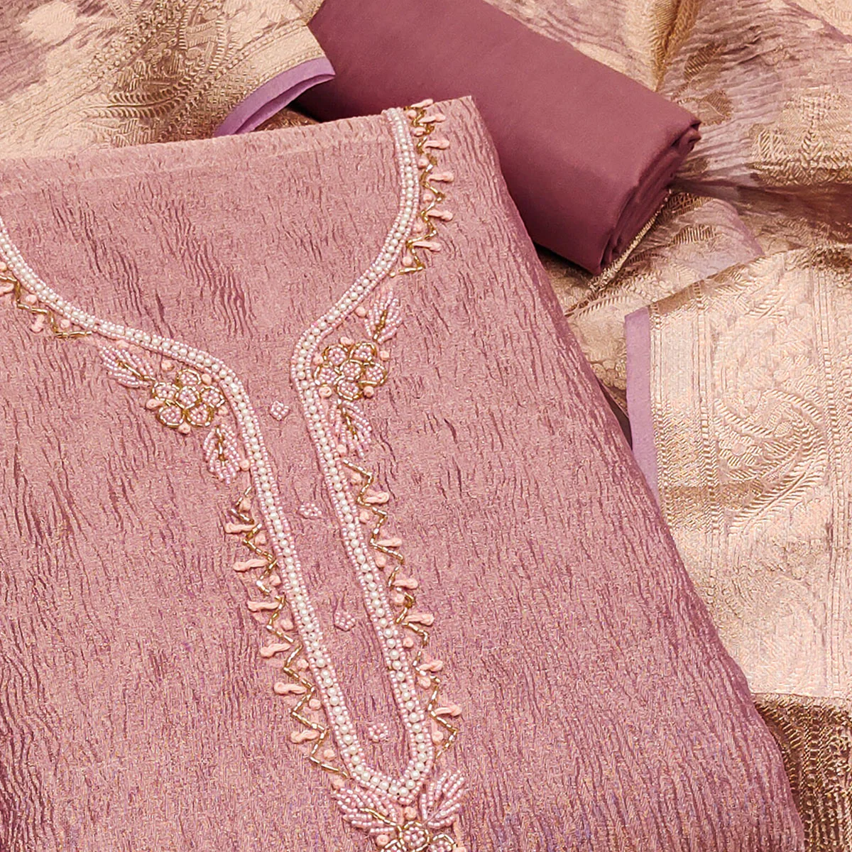 Mauve Woven With Handwork Crush Tissue Dress Material - Image 2