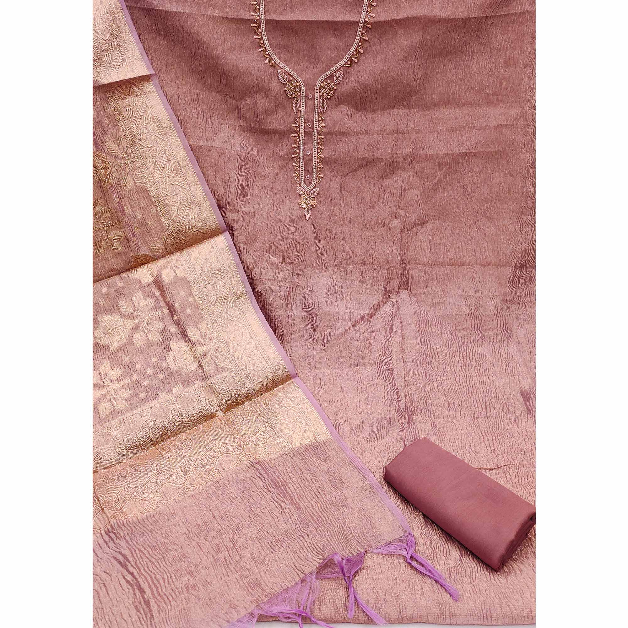 Mauve Woven With Handwork Crush Tissue Dress Material - Image 3