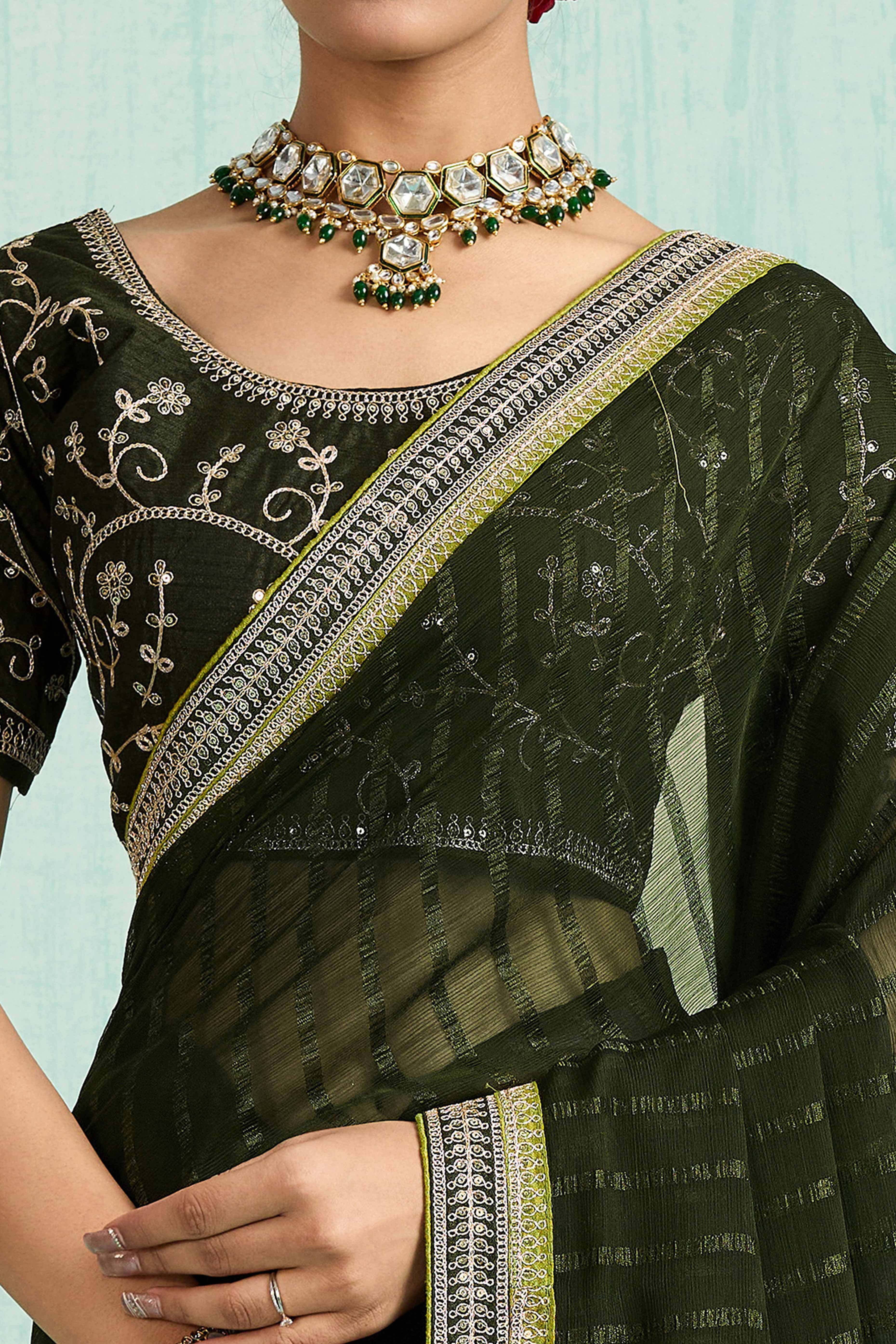 Mehandi Green Chiffon Saree With Elegant Stripes & Sequins Embroidered Border - Image 2