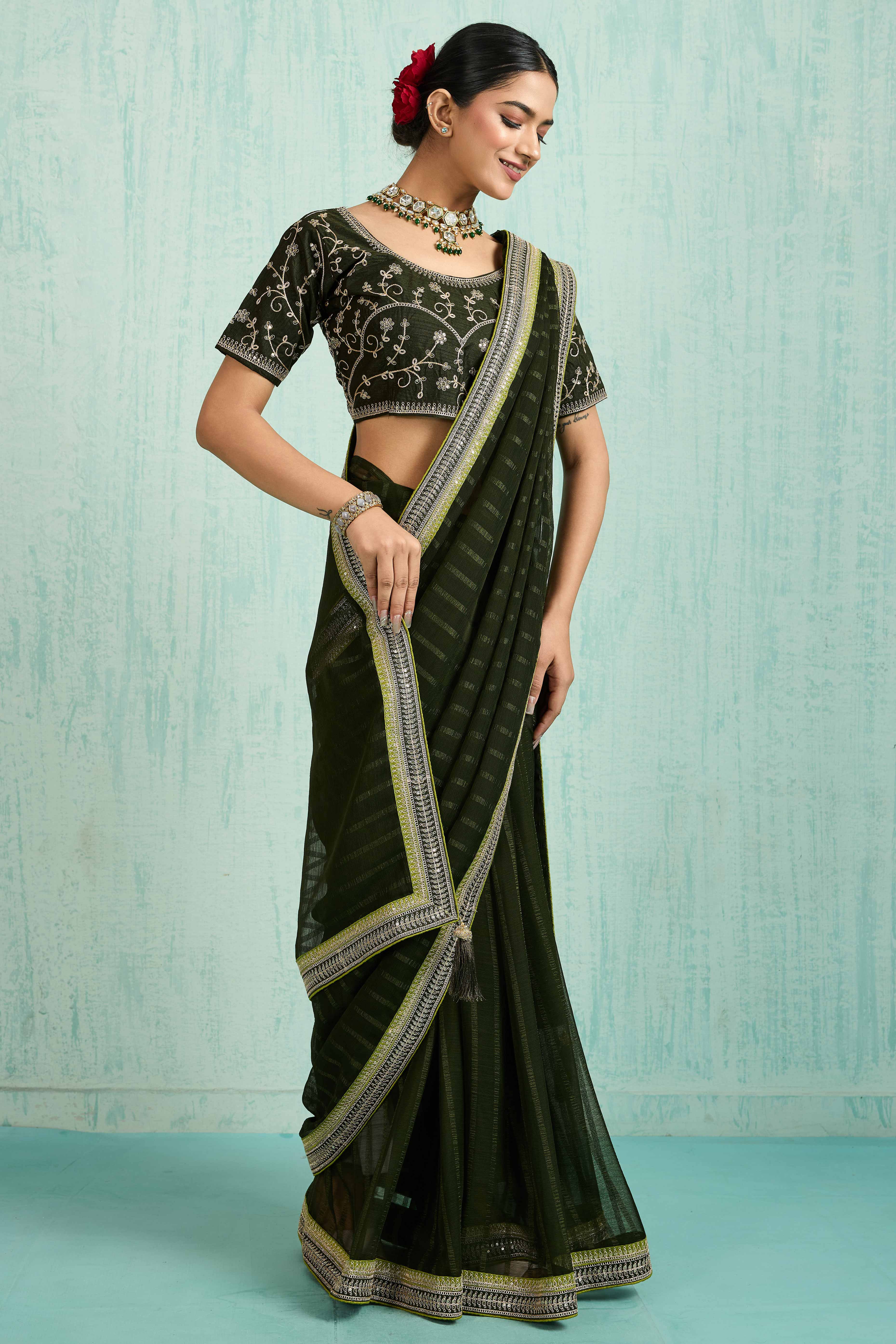 Mehandi Green Chiffon Saree With Elegant Stripes & Sequins Embroidered Border - Image 4