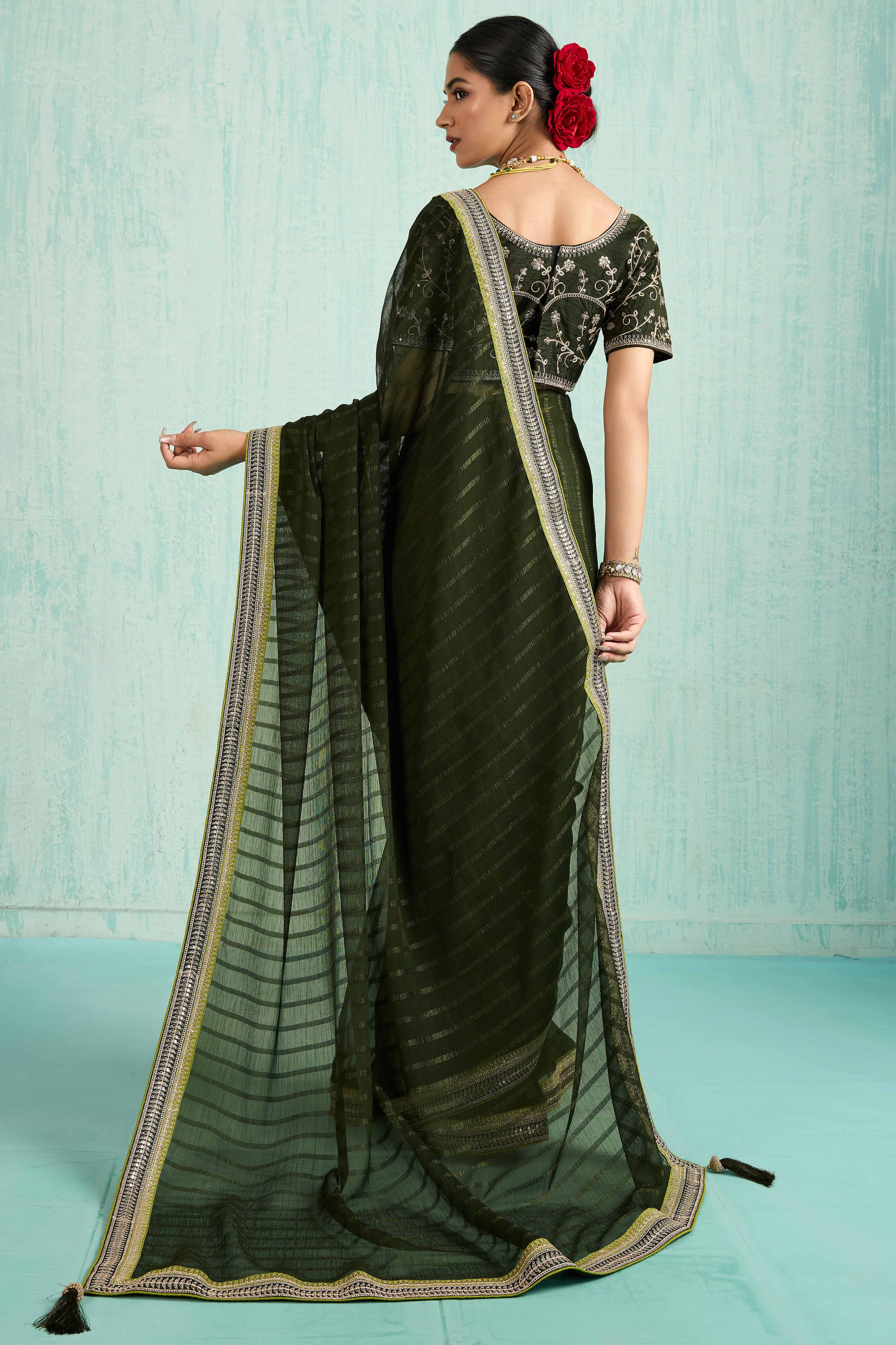Mehandi Green Chiffon Saree With Elegant Stripes & Sequins Embroidered Border - Image 5