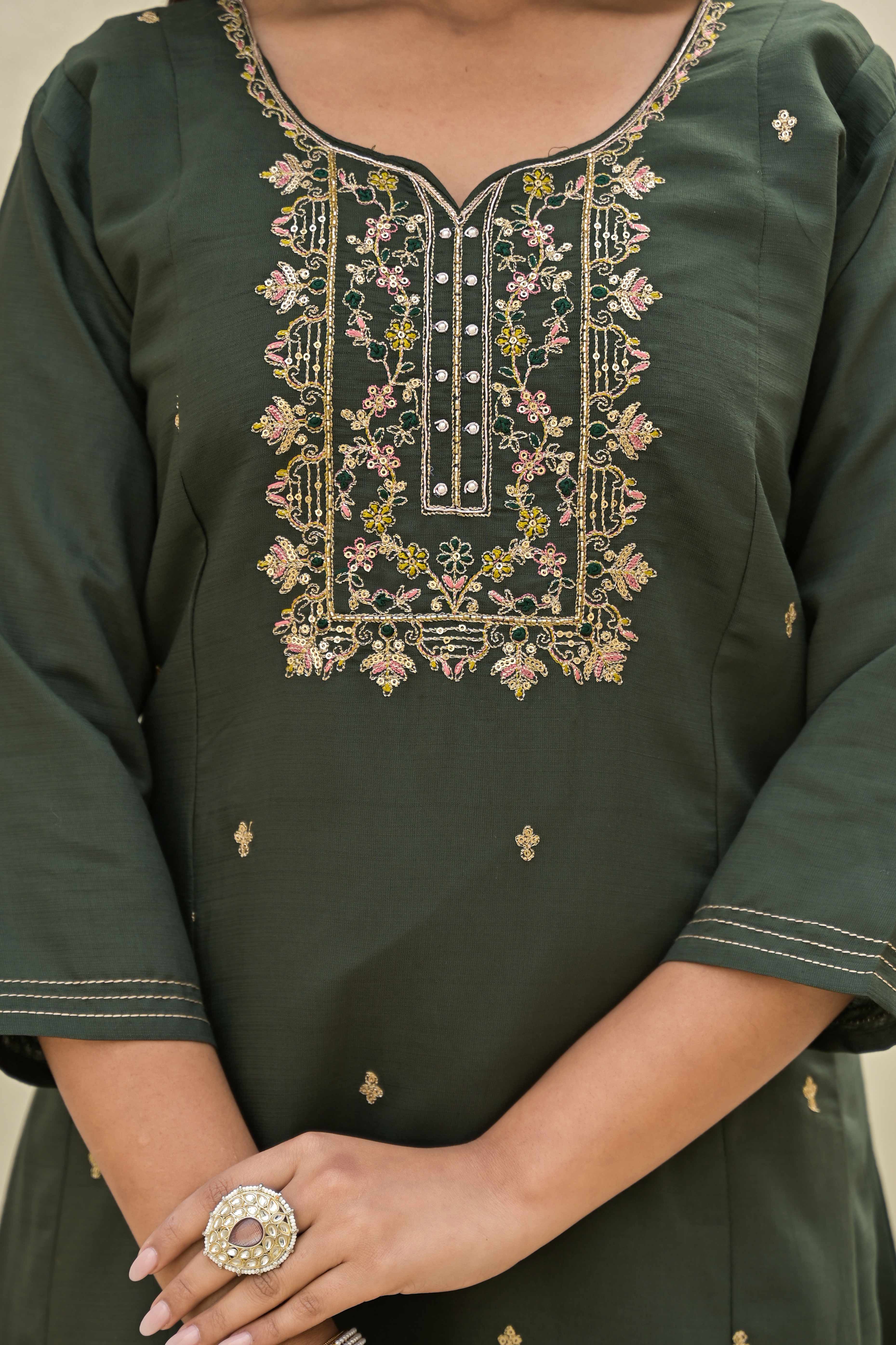 Mehandi Green Floral Embroidered Viscose A-Line Salwar Suit - Image 2