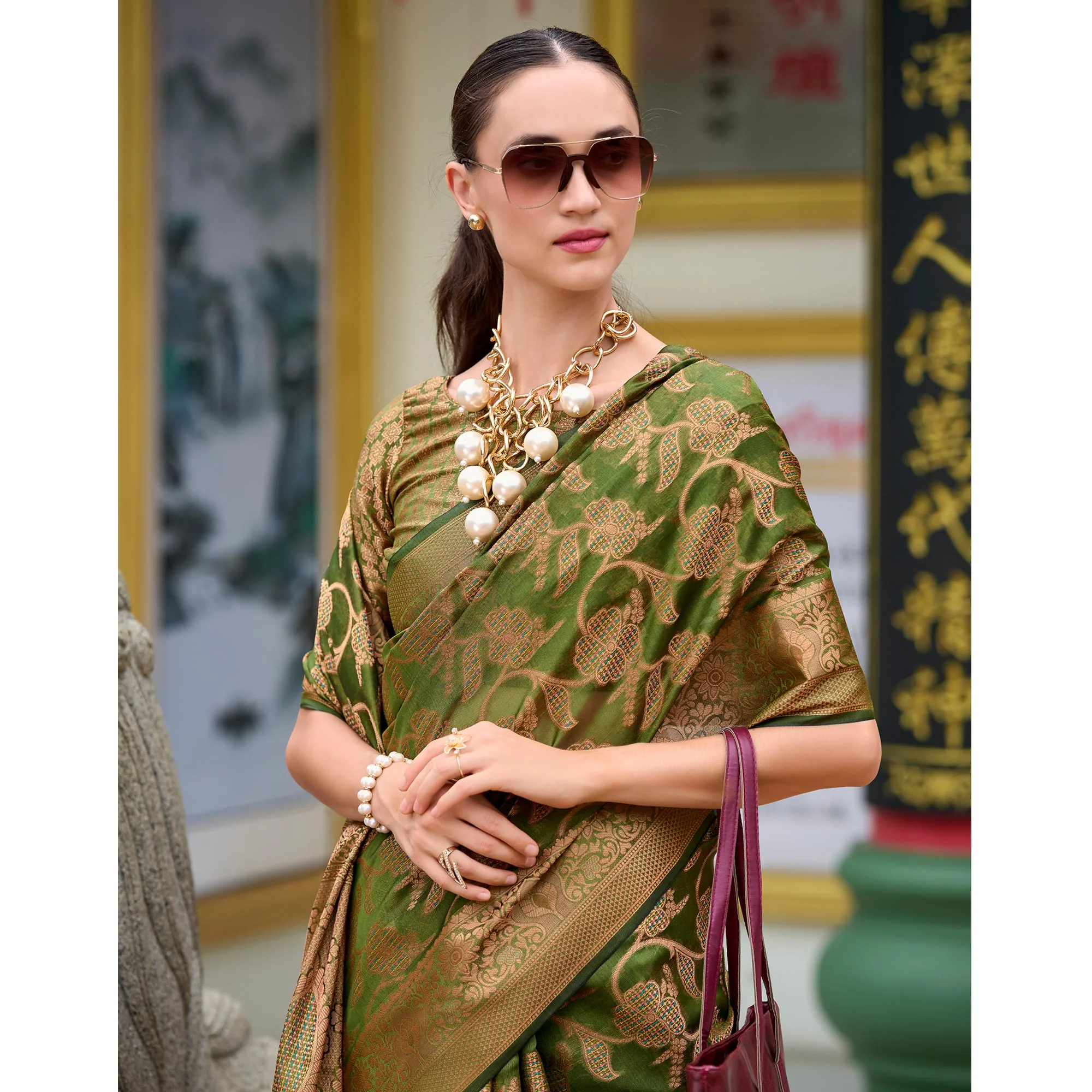 Mehandi Green Floral Motifs Woven Organza Saree - Image 5