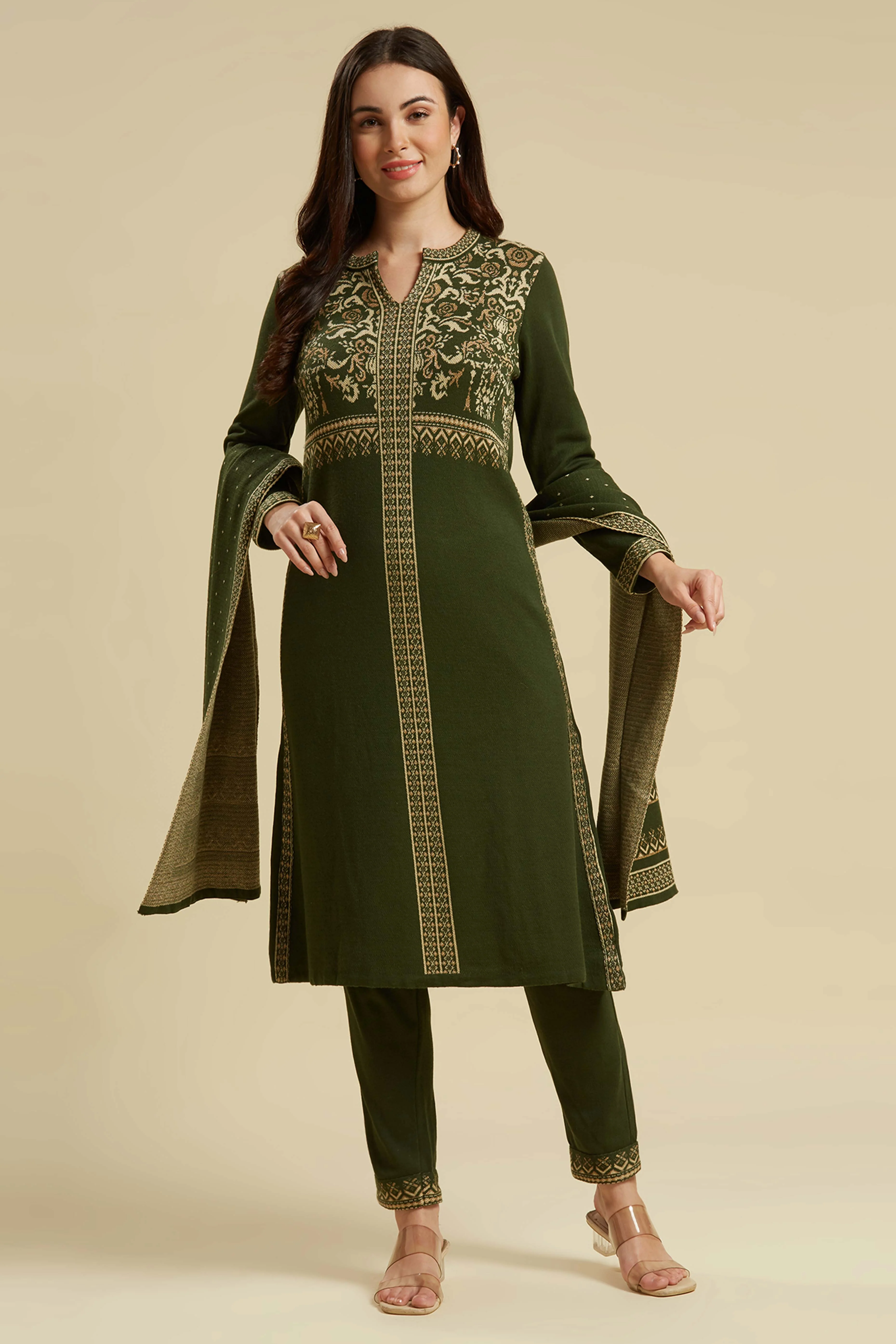 Mehandi Green Floral Woolen Salwar Suit - Image 11
