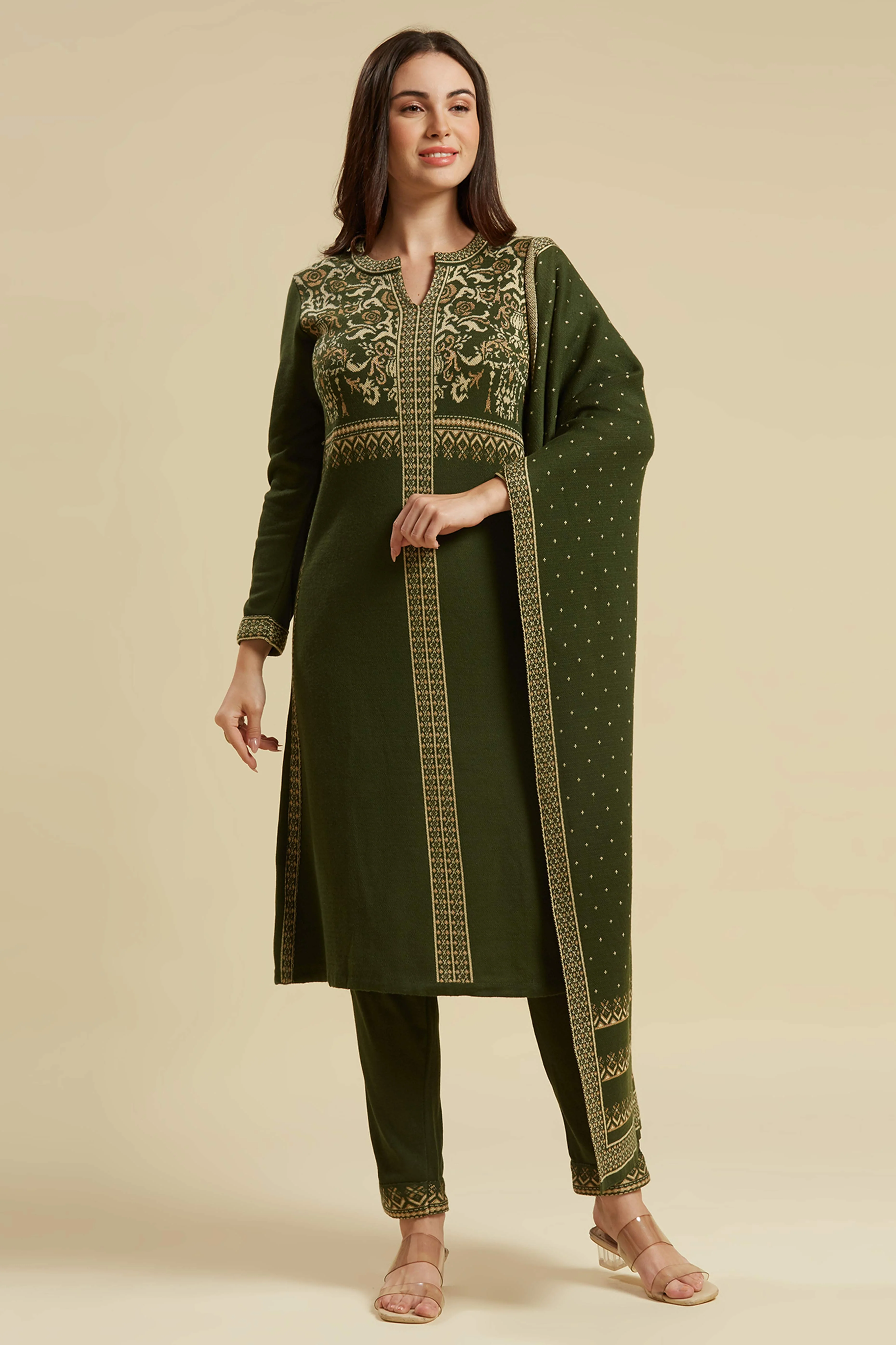 Mehandi Green Floral Woolen Salwar Suit - Image 13