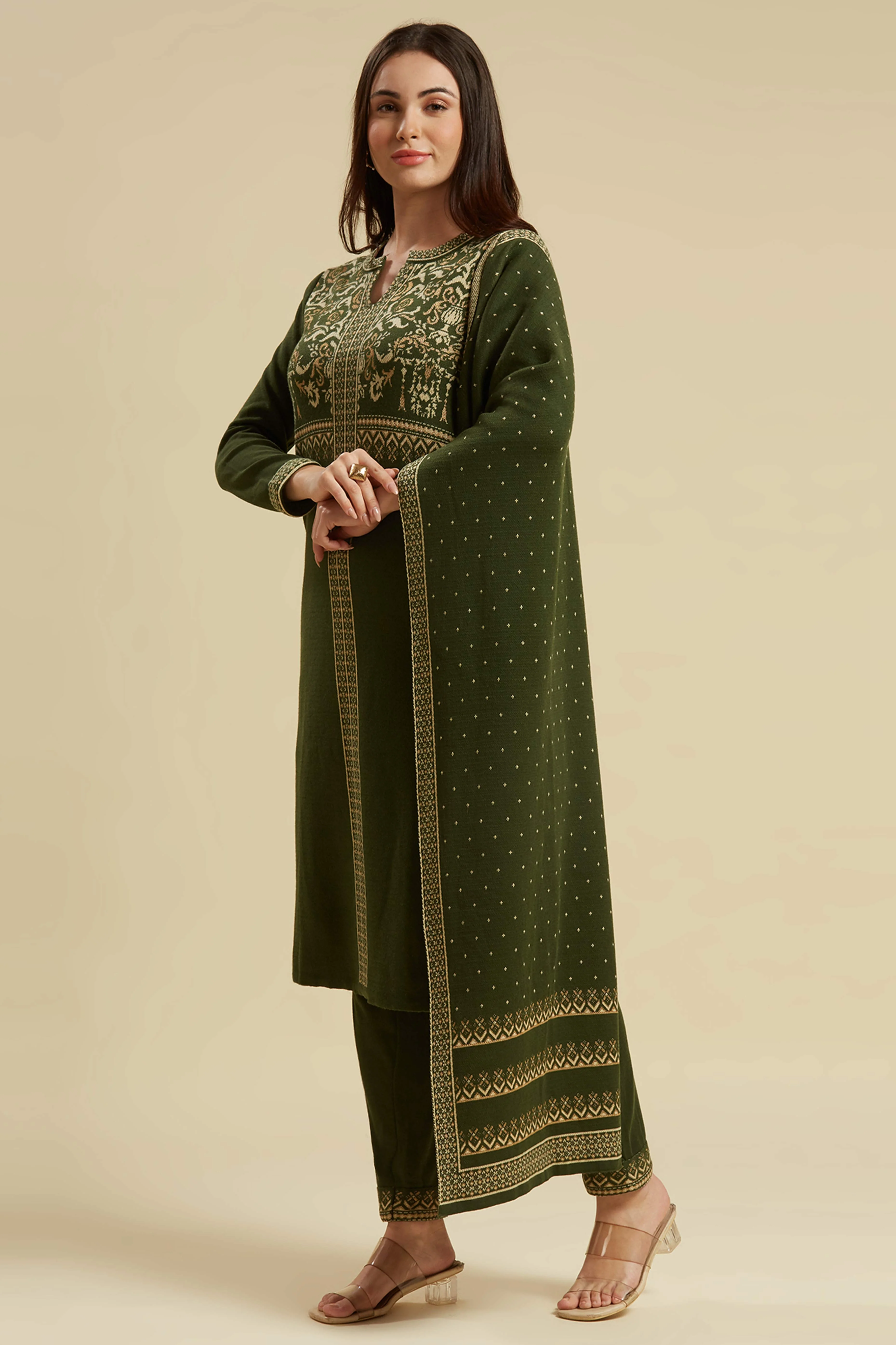 Mehandi Green Floral Woolen Salwar Suit - Image 14
