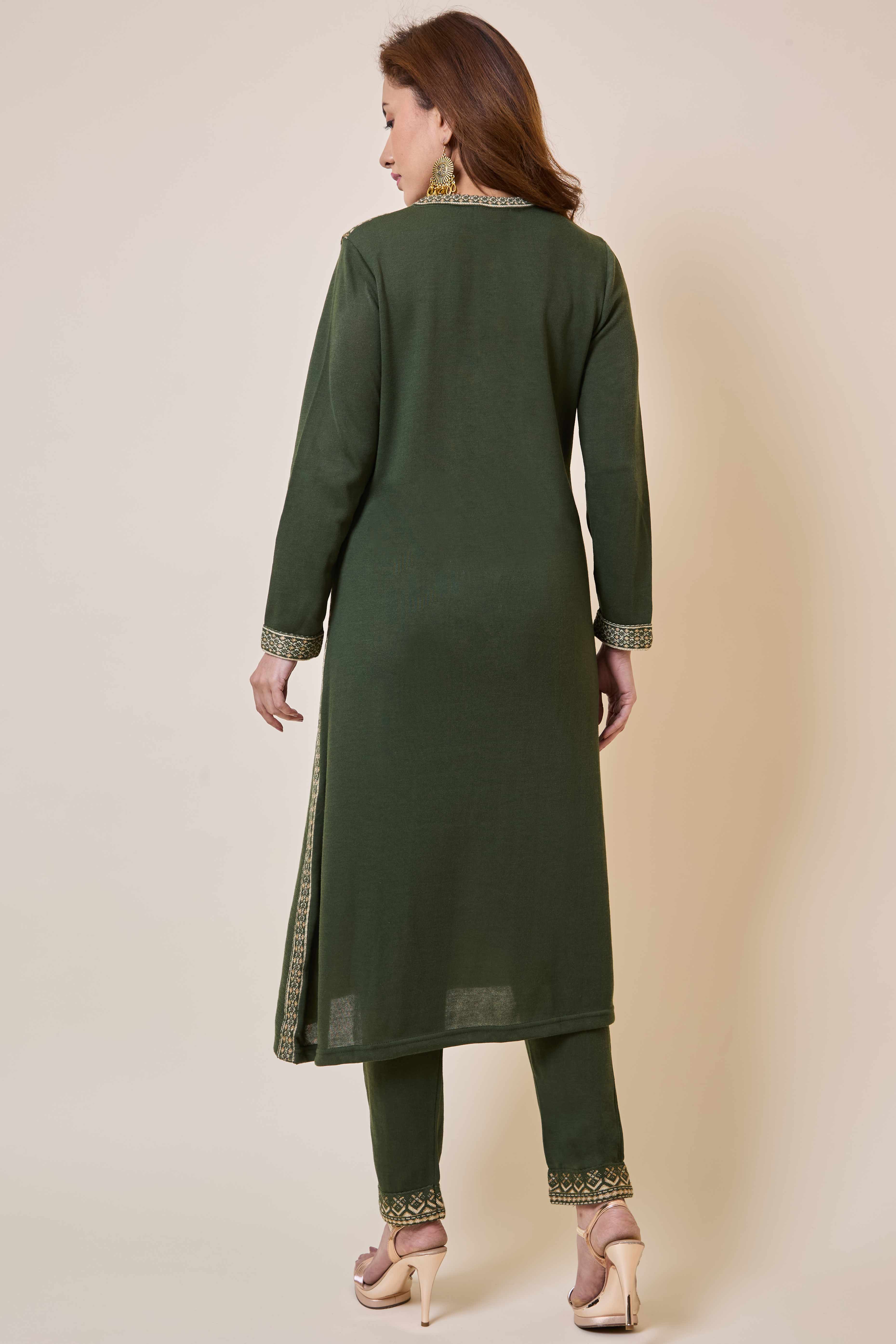 Mehandi Green Floral Woolen Salwar Suit - Image 3