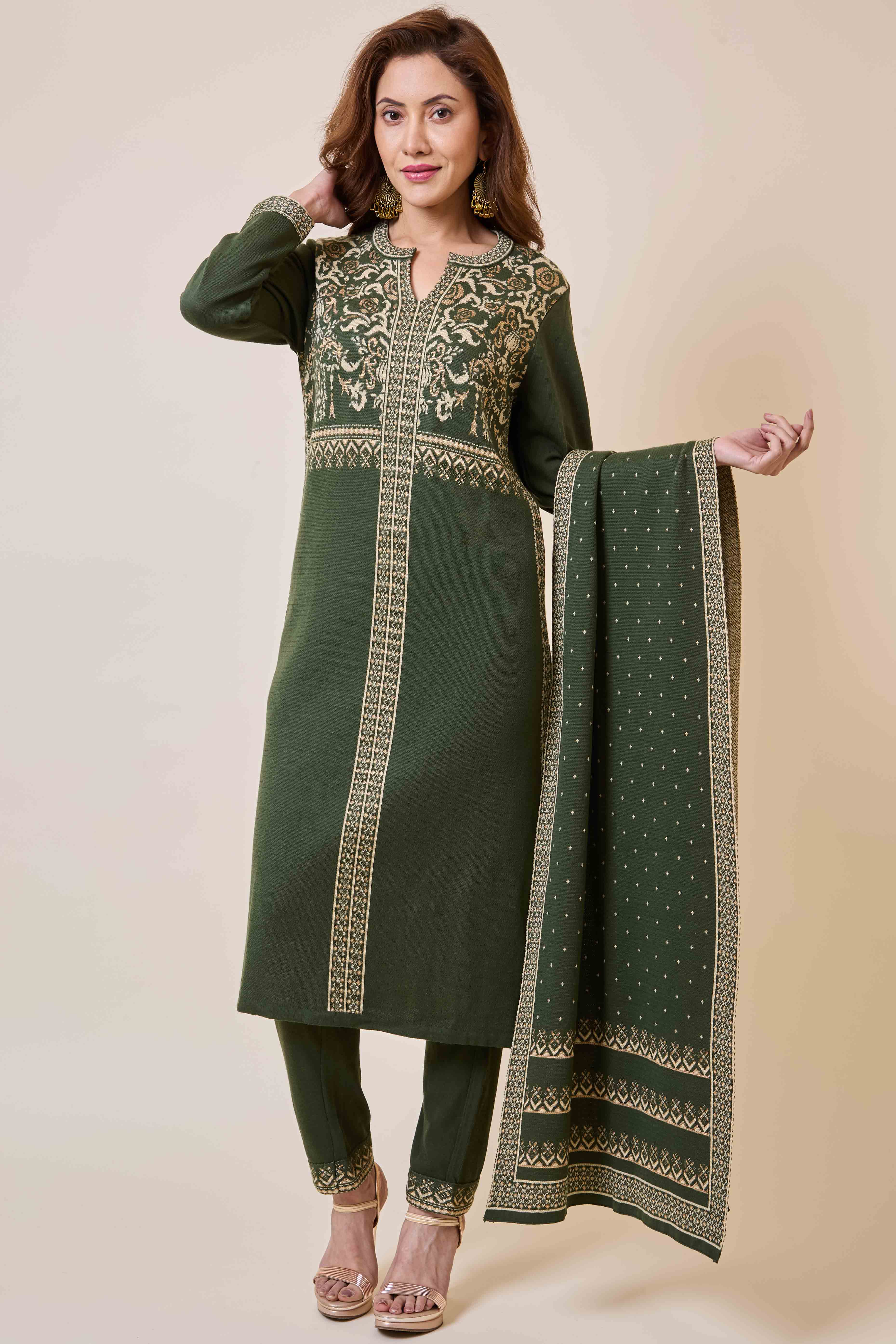 Mehandi Green Floral Woolen Salwar Suit - Image 6