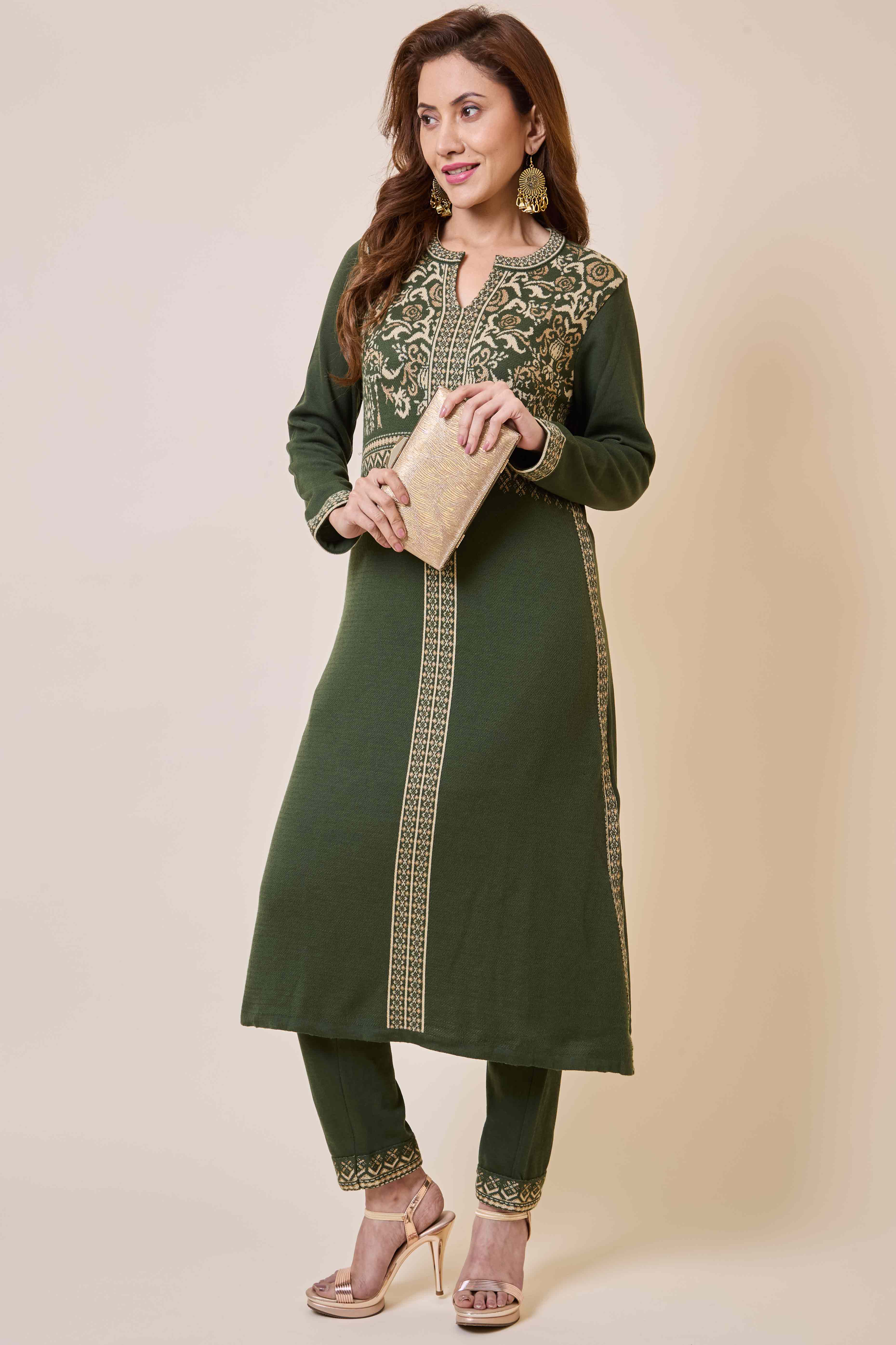 Mehandi Green Floral Woolen Salwar Suit - Image 9