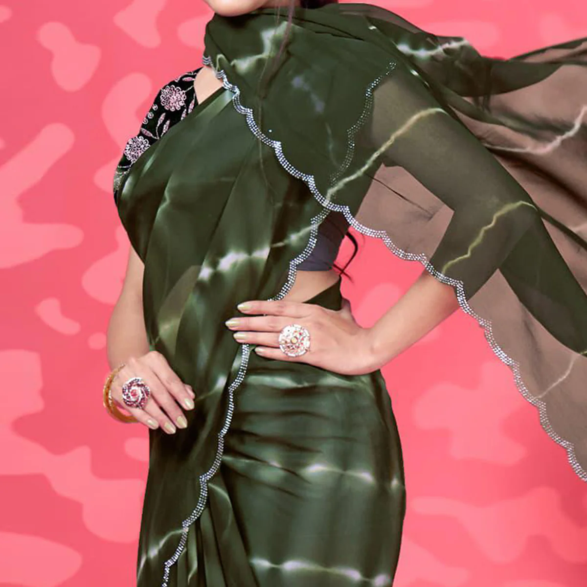 Mehandi Green Leheriya Printed Georgette Saree - Image 2