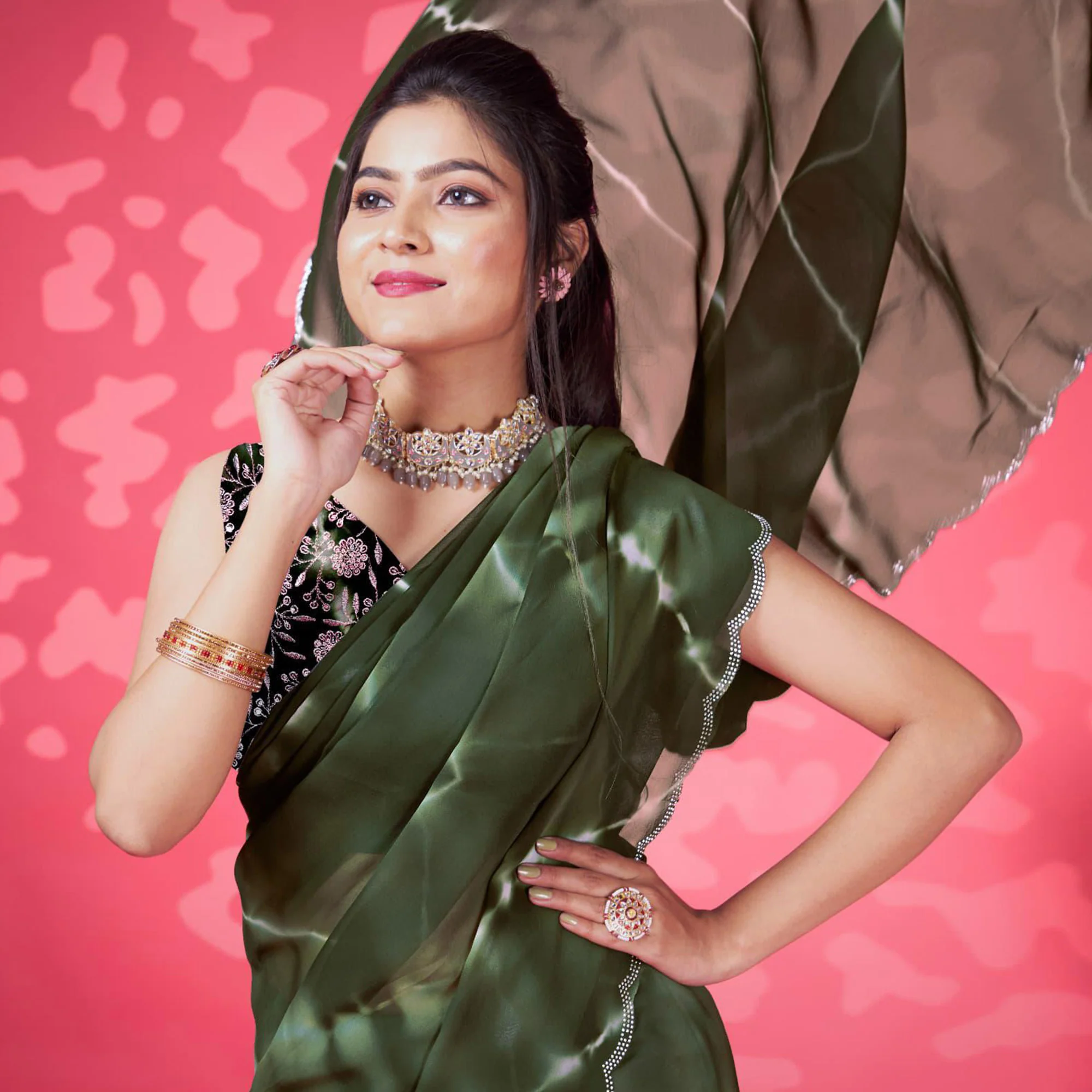Mehandi Green Leheriya Printed Georgette Saree - Image 3