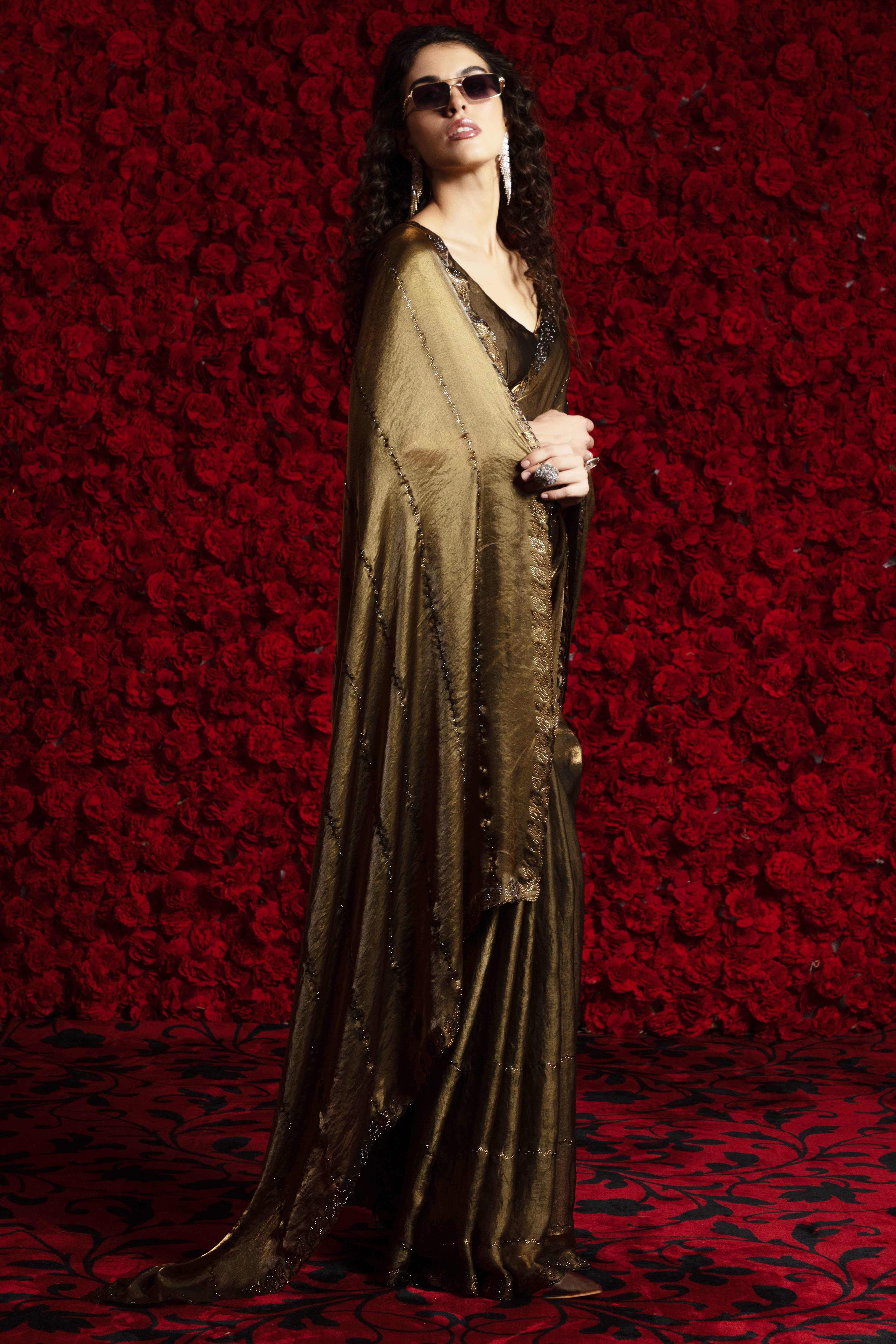 Mehandi Green Satin Silk Saree with Dazzling Stone Embellishments for Special Occasions - Image 3