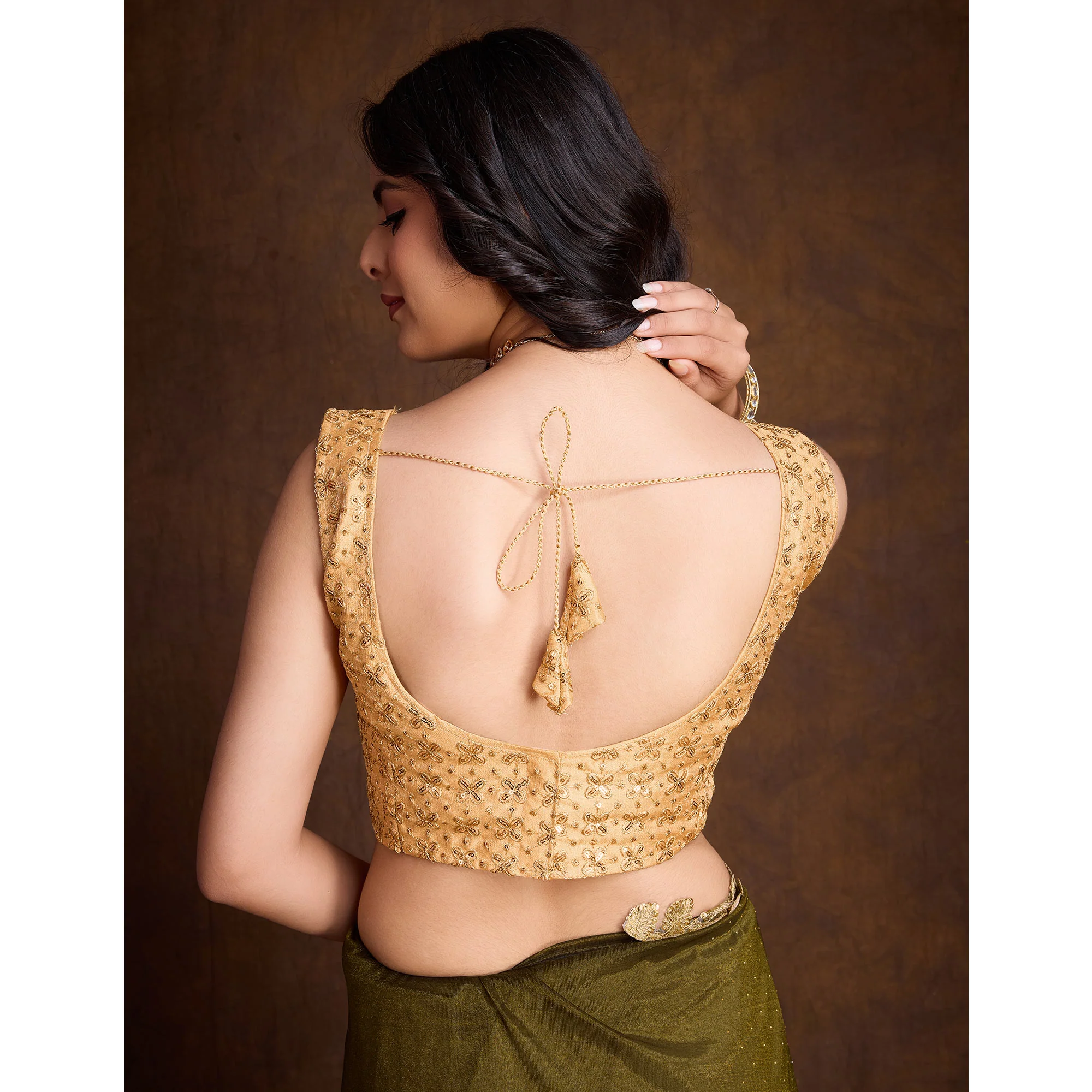Mehandi Green Swarovski Work Shimmer Net Saree - Image 10