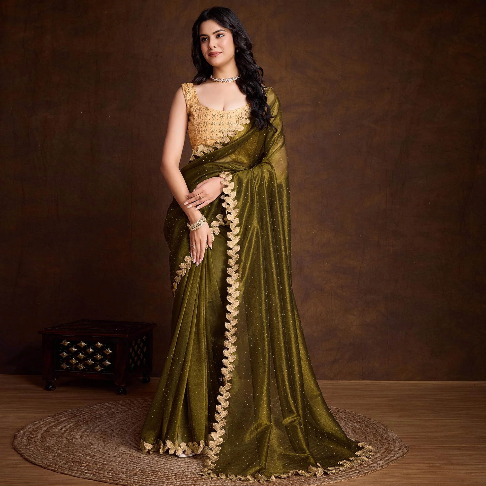 Mehandi Green Swarovski Work Shimmer Net Saree - Image 2