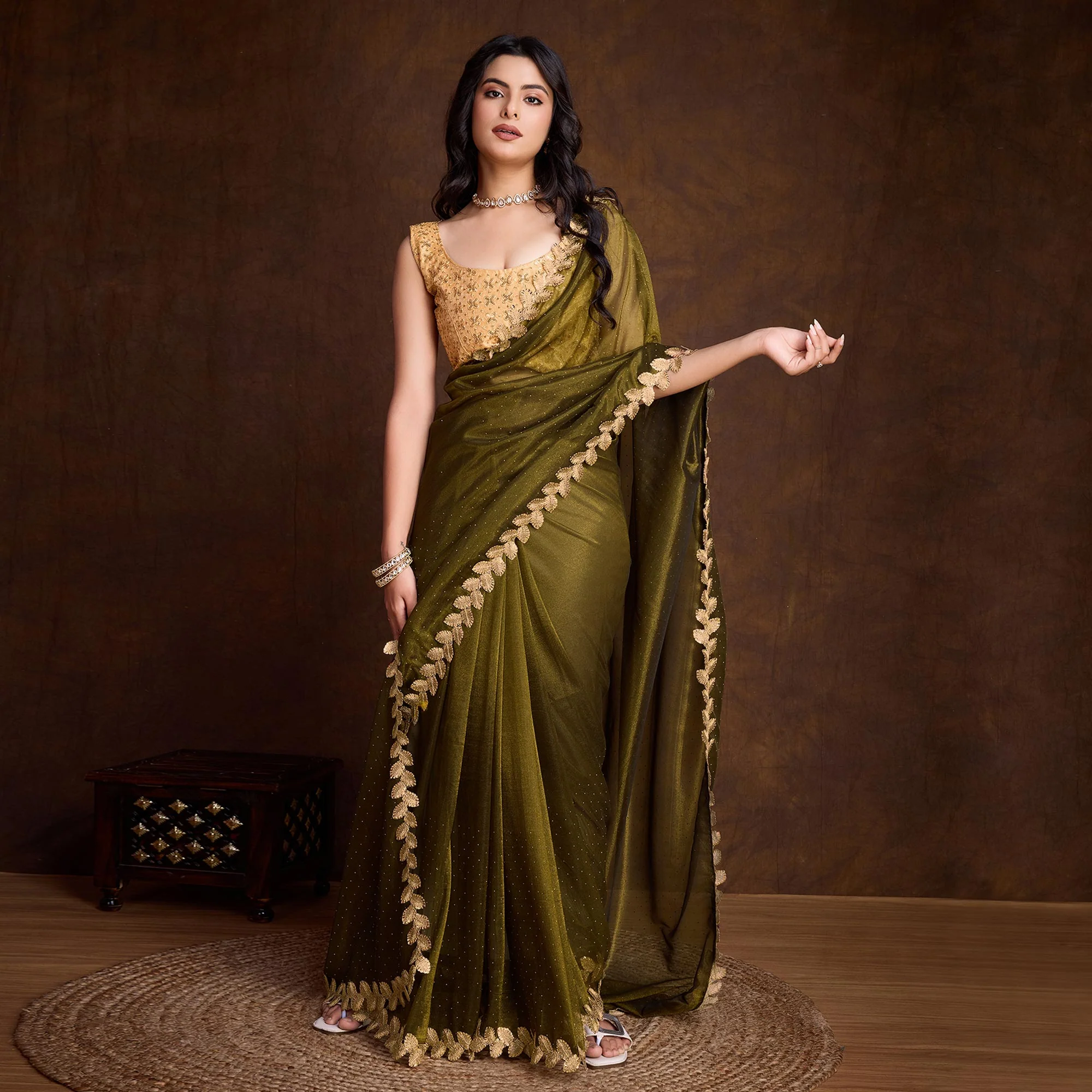 Mehandi Green Swarovski Work Shimmer Net Saree - Image 4