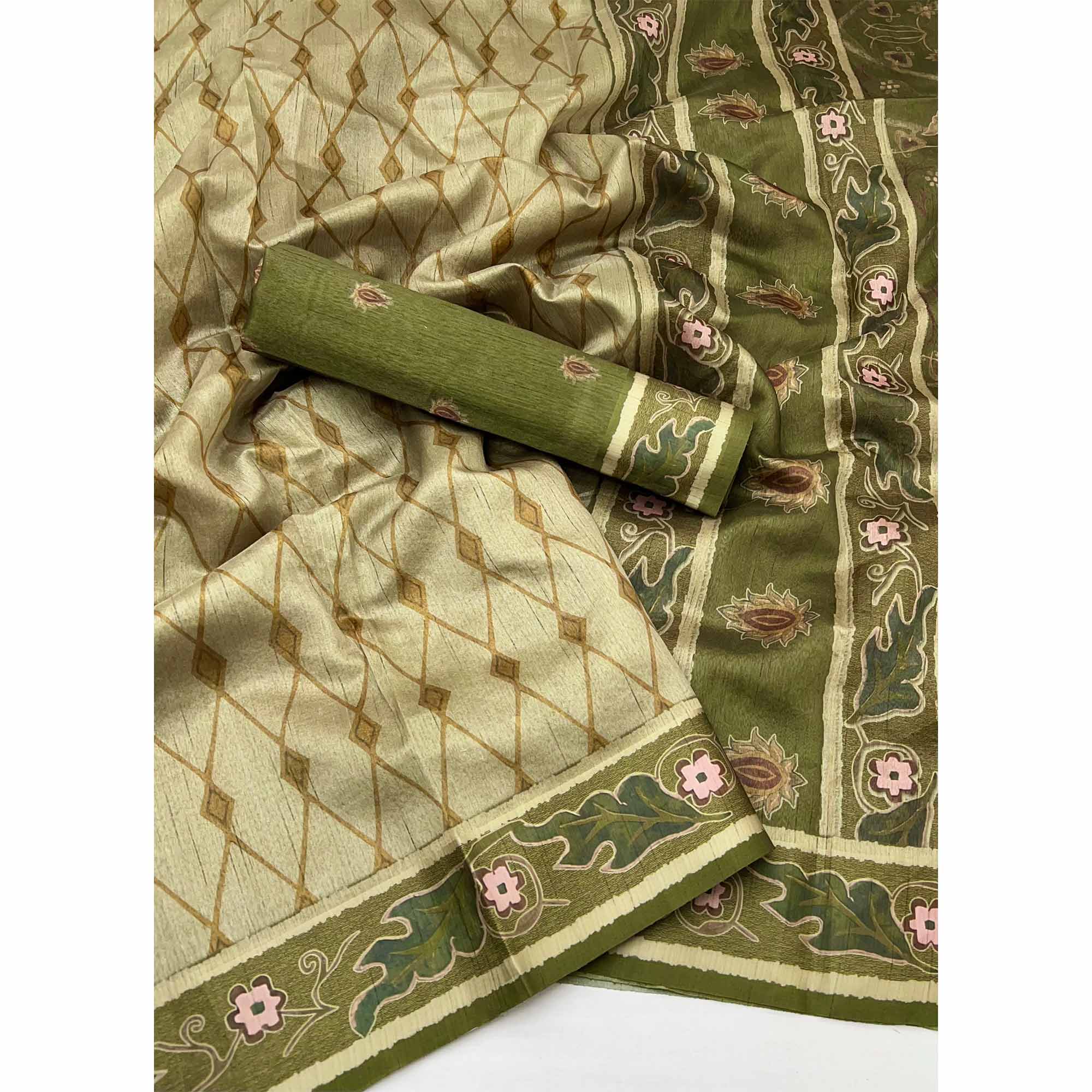 Mehendi Green Art Silk Saree Featuring Modern Digital Print & Tassel Pallu - Image 3