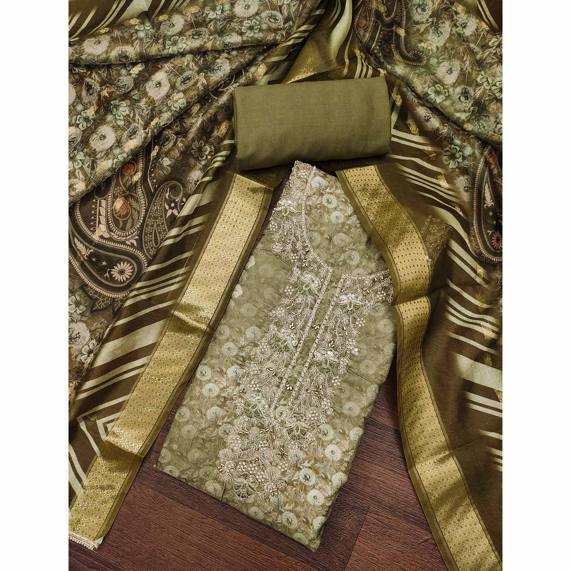 Mehendi Green Banarasi Cotton Blend Dress Material With Floral Digital Print & Moti Handwork - Image 3