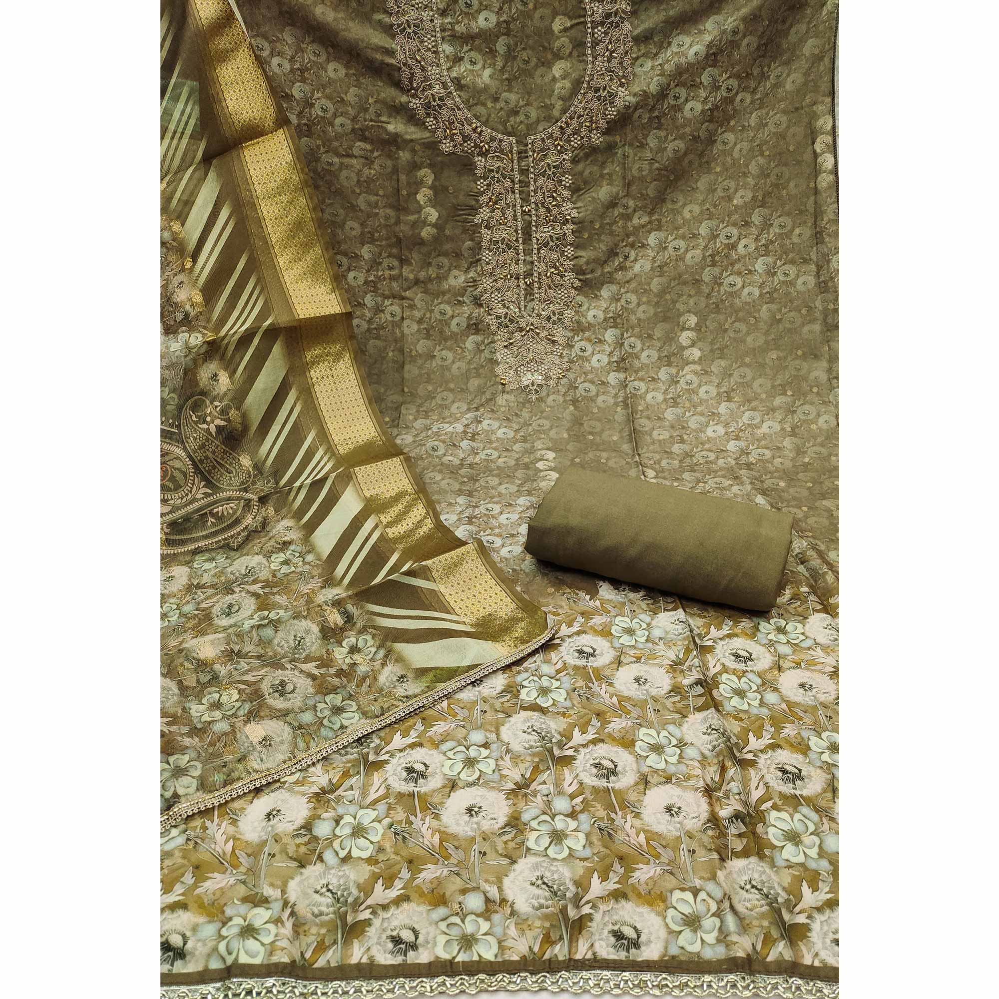 Mehendi Green Banarasi Cotton Blend Dress Material With Floral Digital Print & Moti Handwork - Image 4