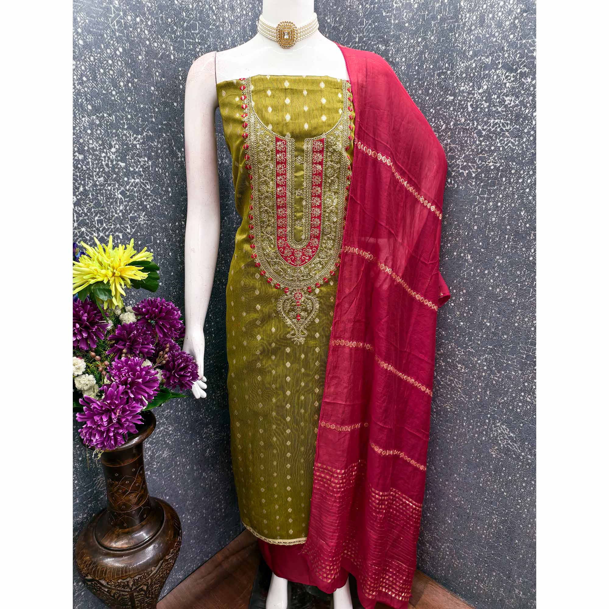 Mehendi Green Butti Jacquard Shimmer Dress Material Enhanced With Sequins Cording Embroidery - Image 3
