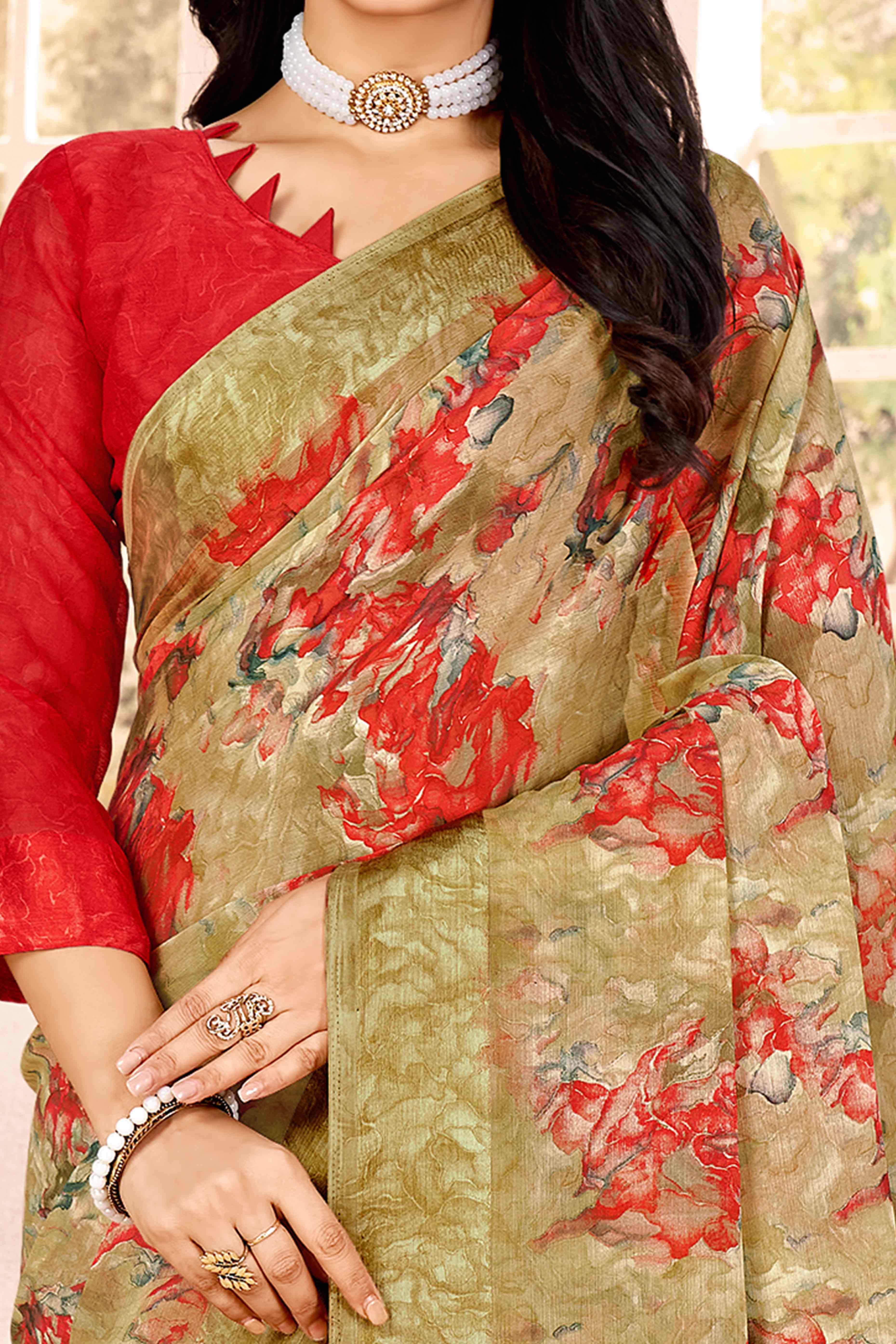 Mehendi Green Chiffon Saree With Delicate Floral Prints & Elegant Woven Border - Image 2