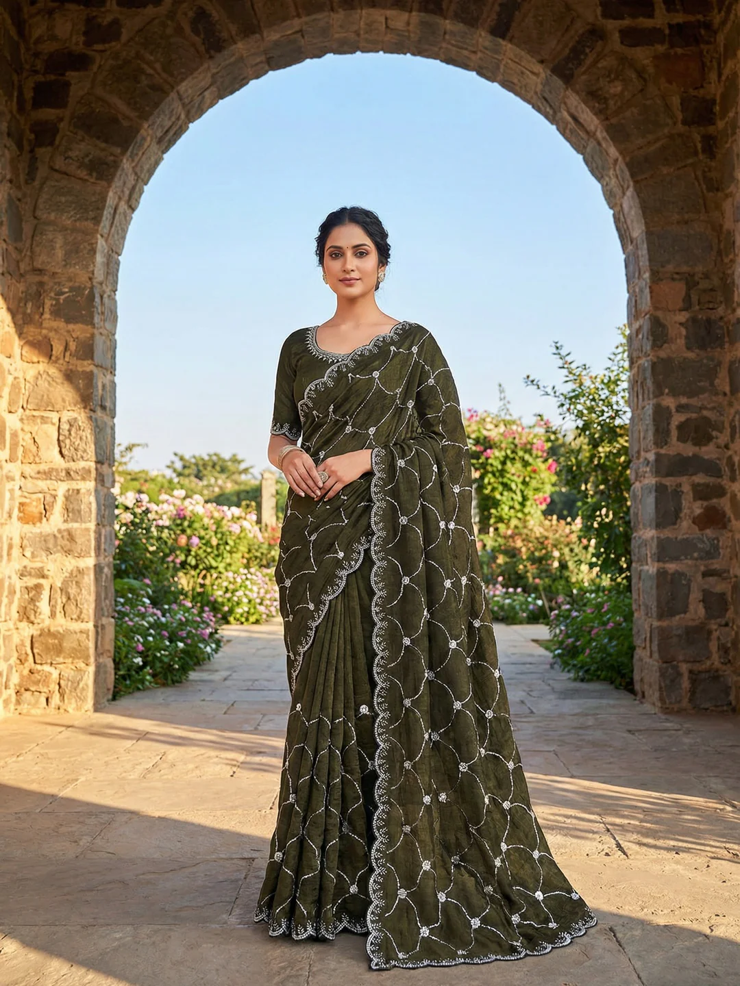 Mehendi Green Chiffon Saree with Delicate Sequins Embellishments and Fine Craft Detailing
