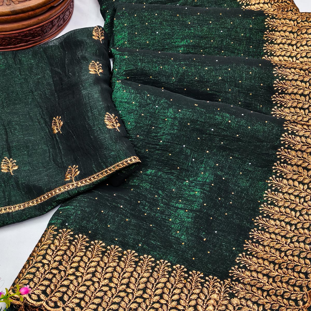Mehendi Green Chiffon Saree with Shimmering Stone Detailing - Image 2