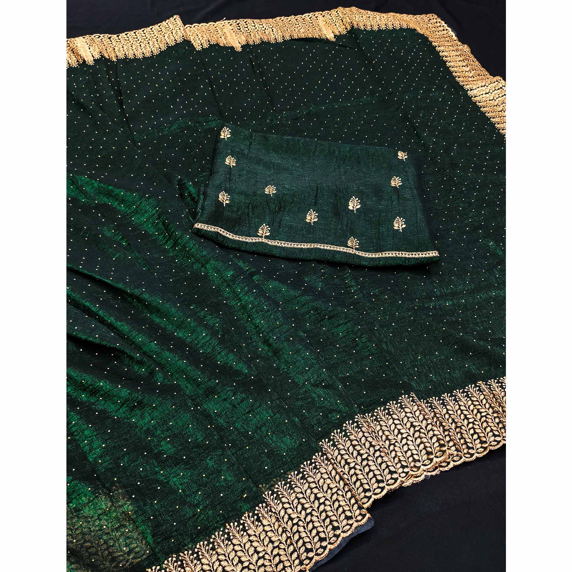 Mehendi Green Chiffon Saree with Shimmering Stone Detailing - Image 3