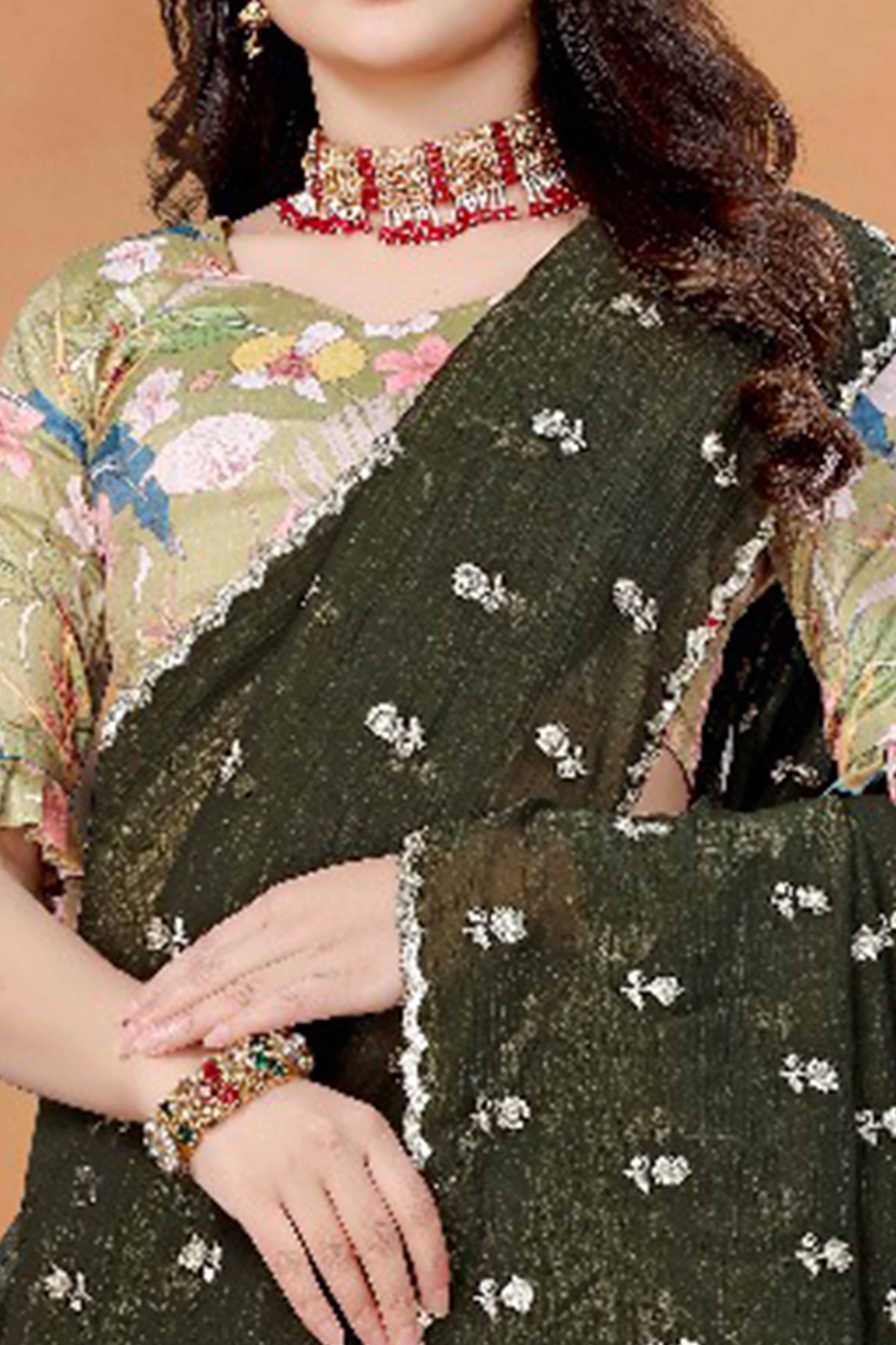 Mehendi Green Crunchy Saree Adorned With Floral Sequins Embroidery & Graceful Border Finish - Image 2