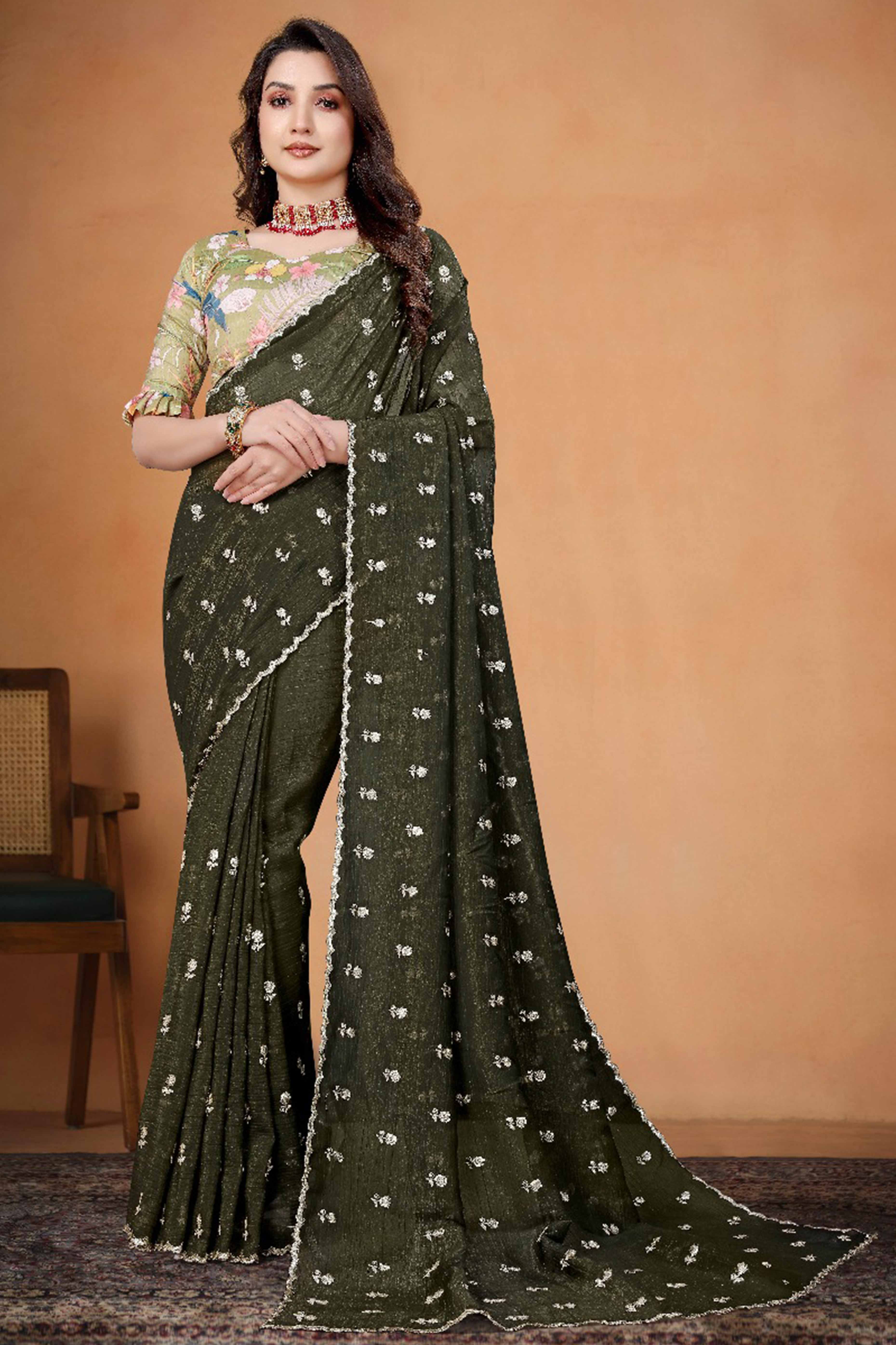 Mehendi Green Crunchy Saree Adorned With Floral Sequins Embroidery & Graceful Border Finish - Image 3