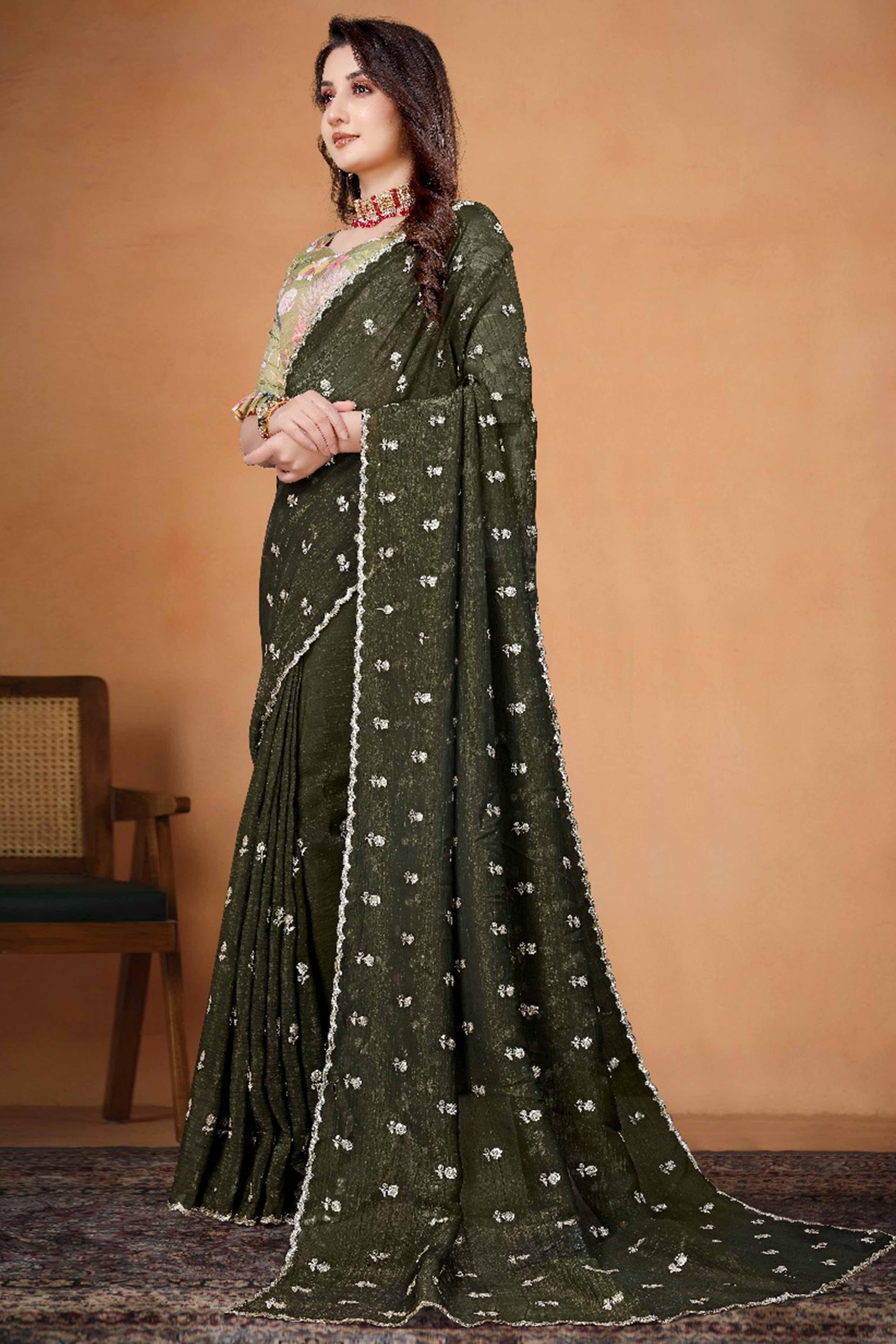 Mehendi Green Crunchy Saree Adorned With Floral Sequins Embroidery & Graceful Border Finish - Image 4