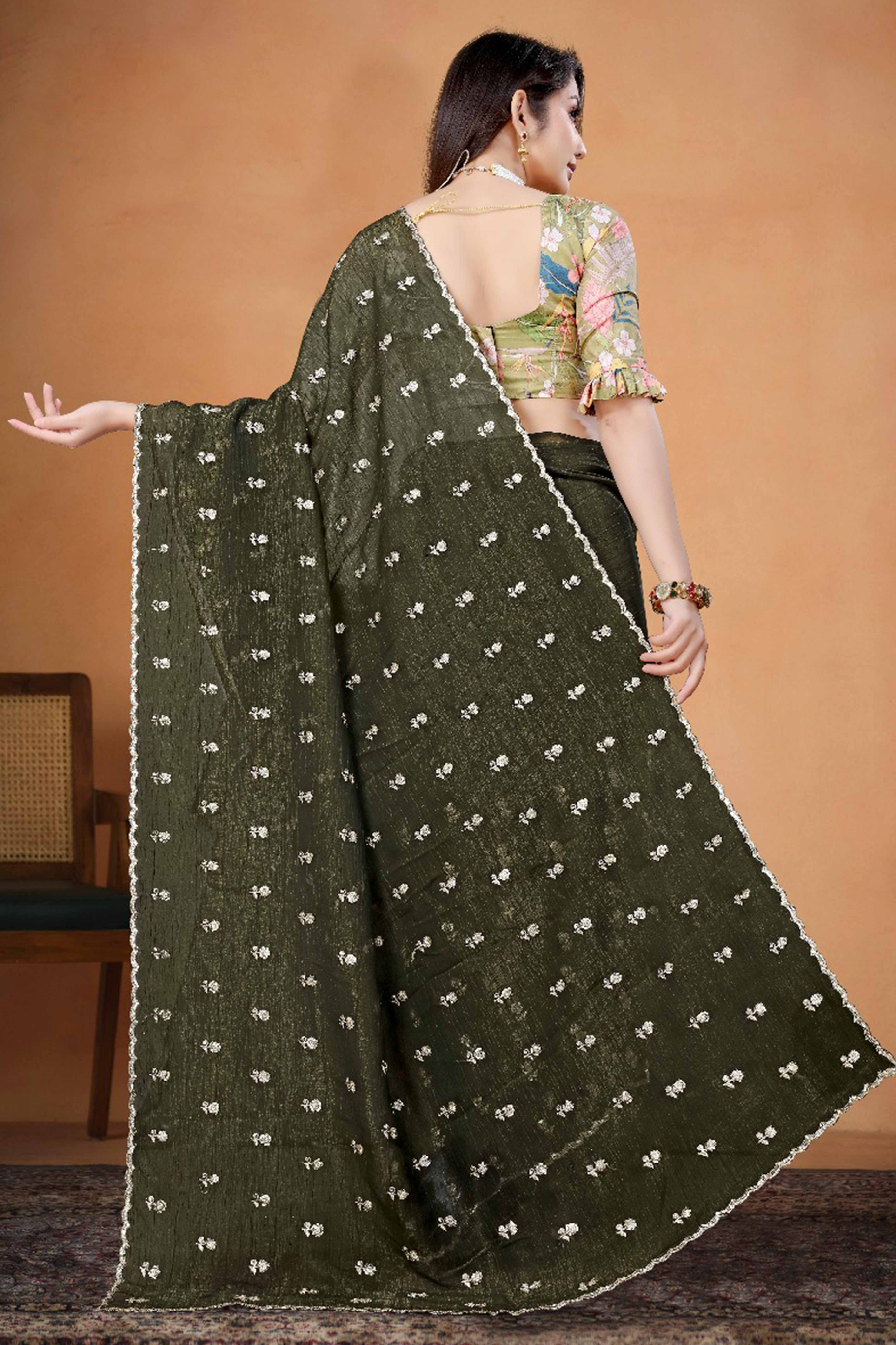 Mehendi Green Crunchy Saree Adorned With Floral Sequins Embroidery & Graceful Border Finish - Image 5
