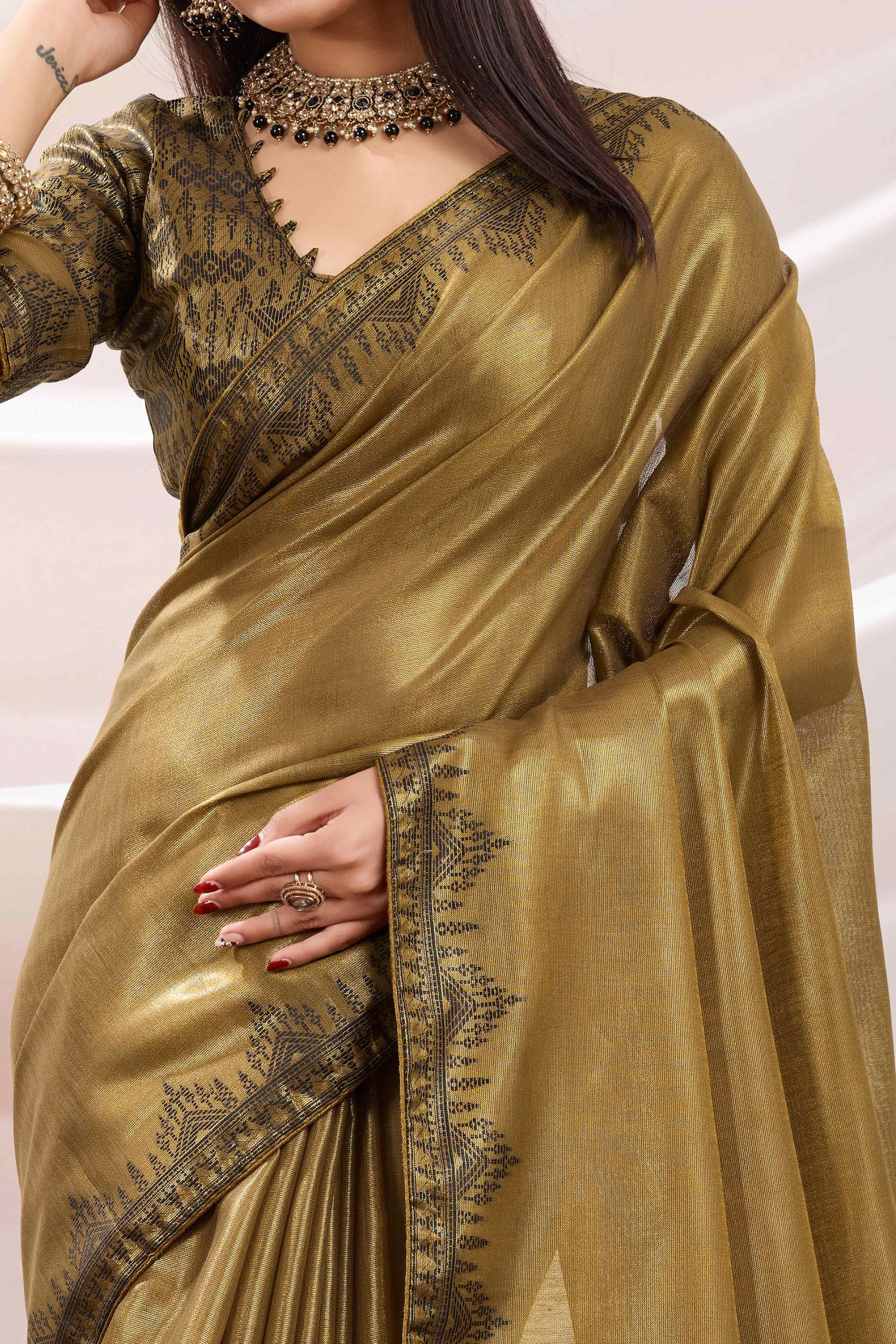 Mehendi Green Festive Linen Tissue Saree with Zari Borders - Image 2