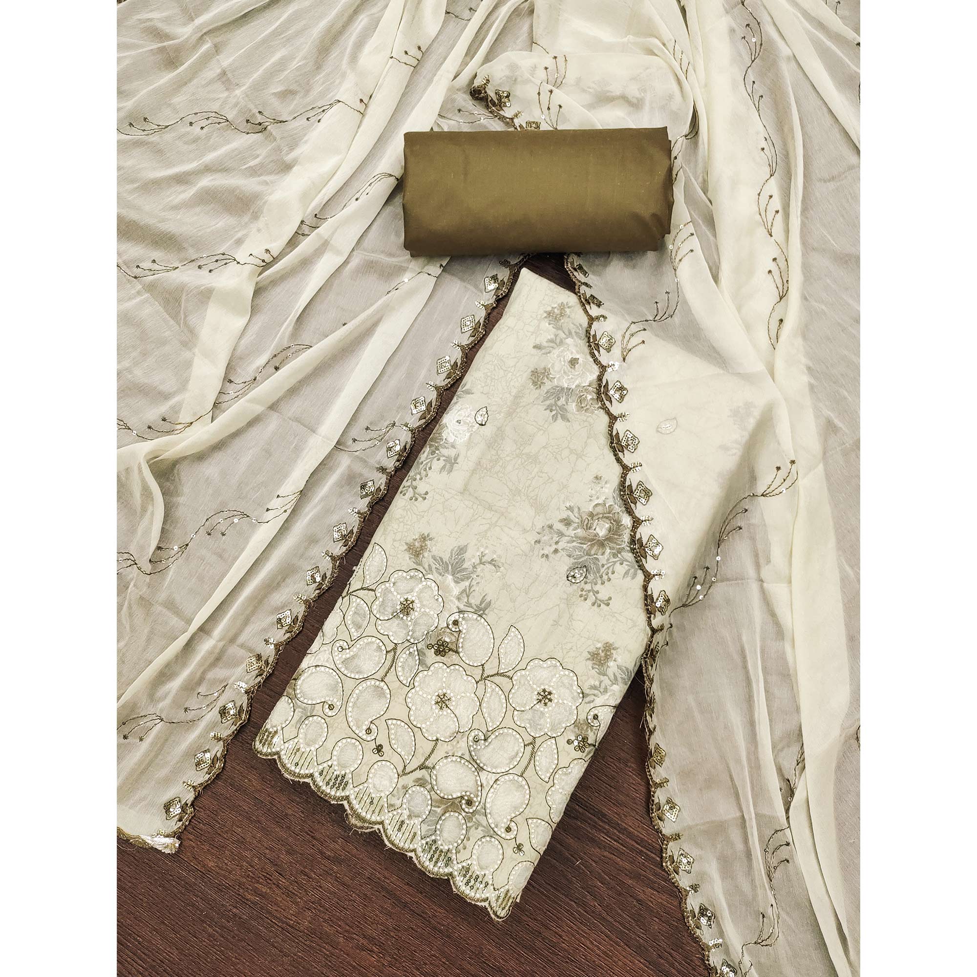 Mehendi Green Floral Cambric Cotton Dress Material With Elegant Embroidery Work - Image 3