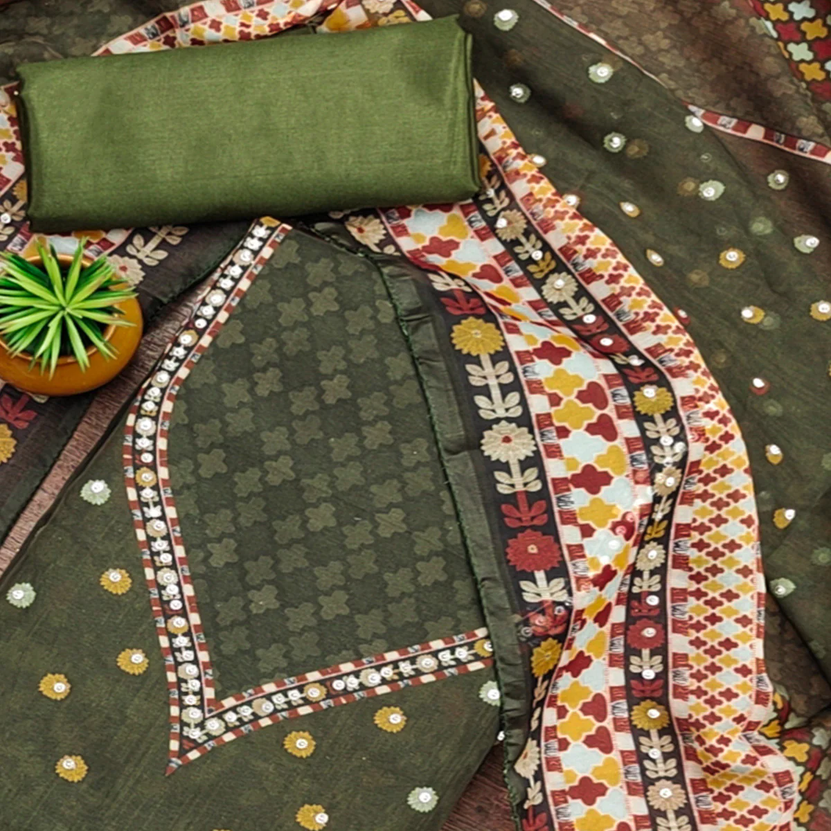 Mehendi Green Floral Digital Printed With Diamond Work Organza Dress Material - Image 2