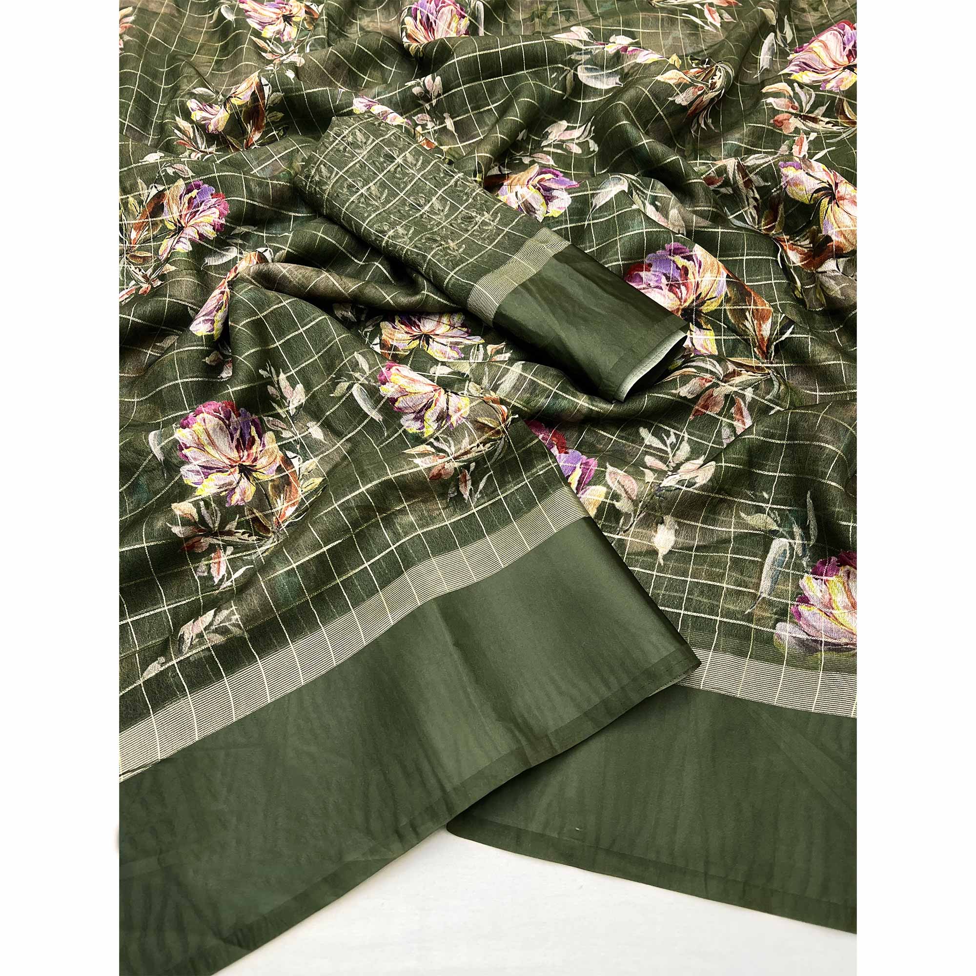 Mehendi Green Floral Digital Printed With Zari Woven Georgette Saree - Image 3