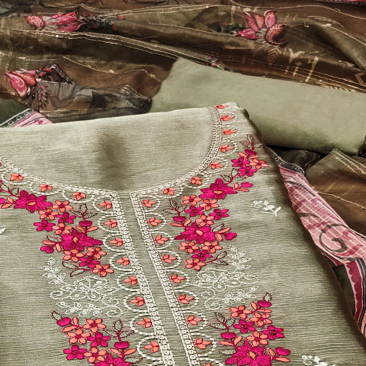 Mehendi Green Floral Sequins Embroidered Art Silk Dress Material - Image 2