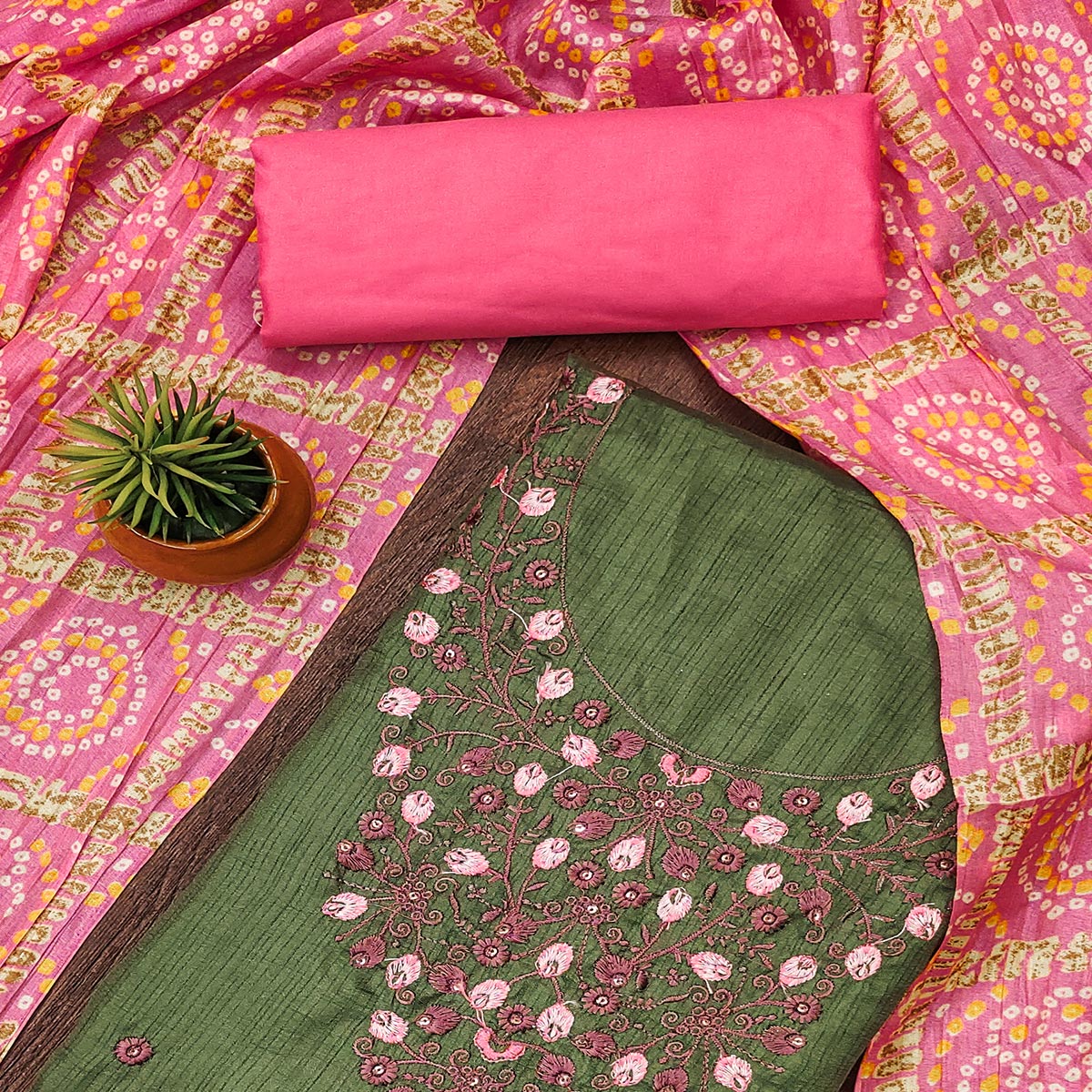Mehendi Green Floral Sequins Embroidered Cotton Blend Dress Material - Image 2