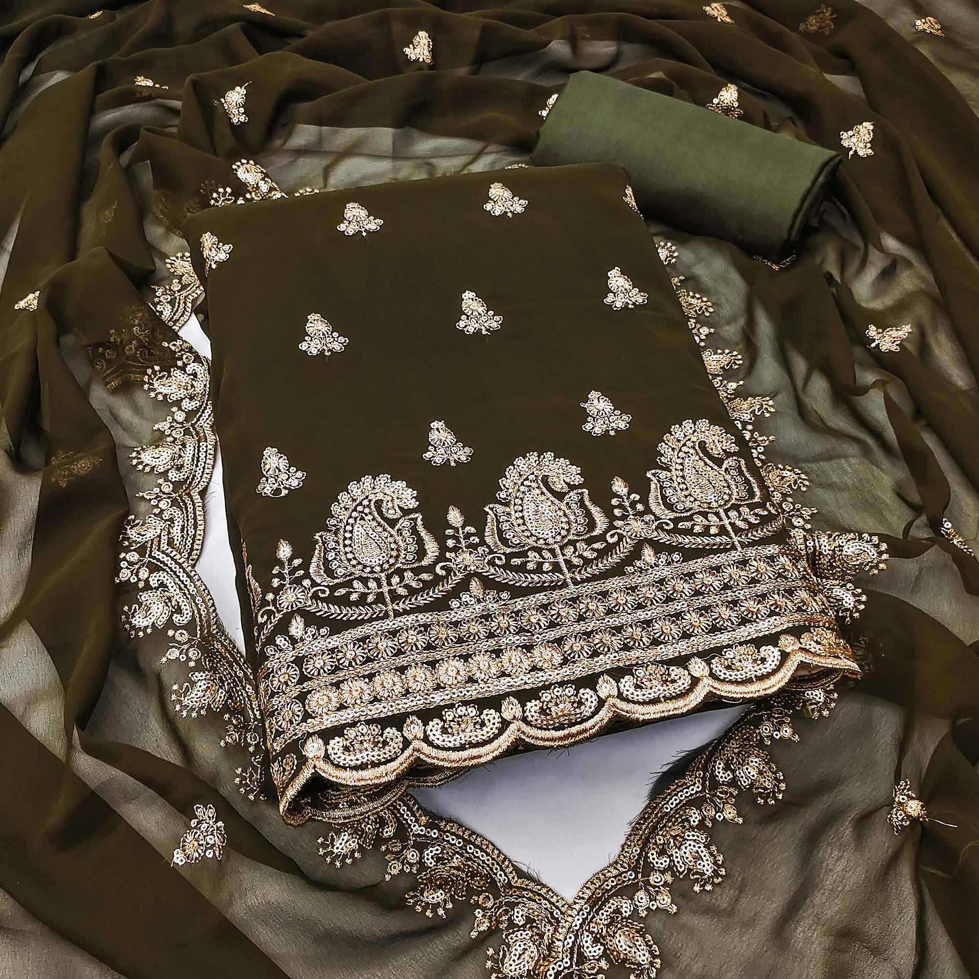 Mehendi Green Floral Sequins Embroidered Georgette Dress Material - Image 3
