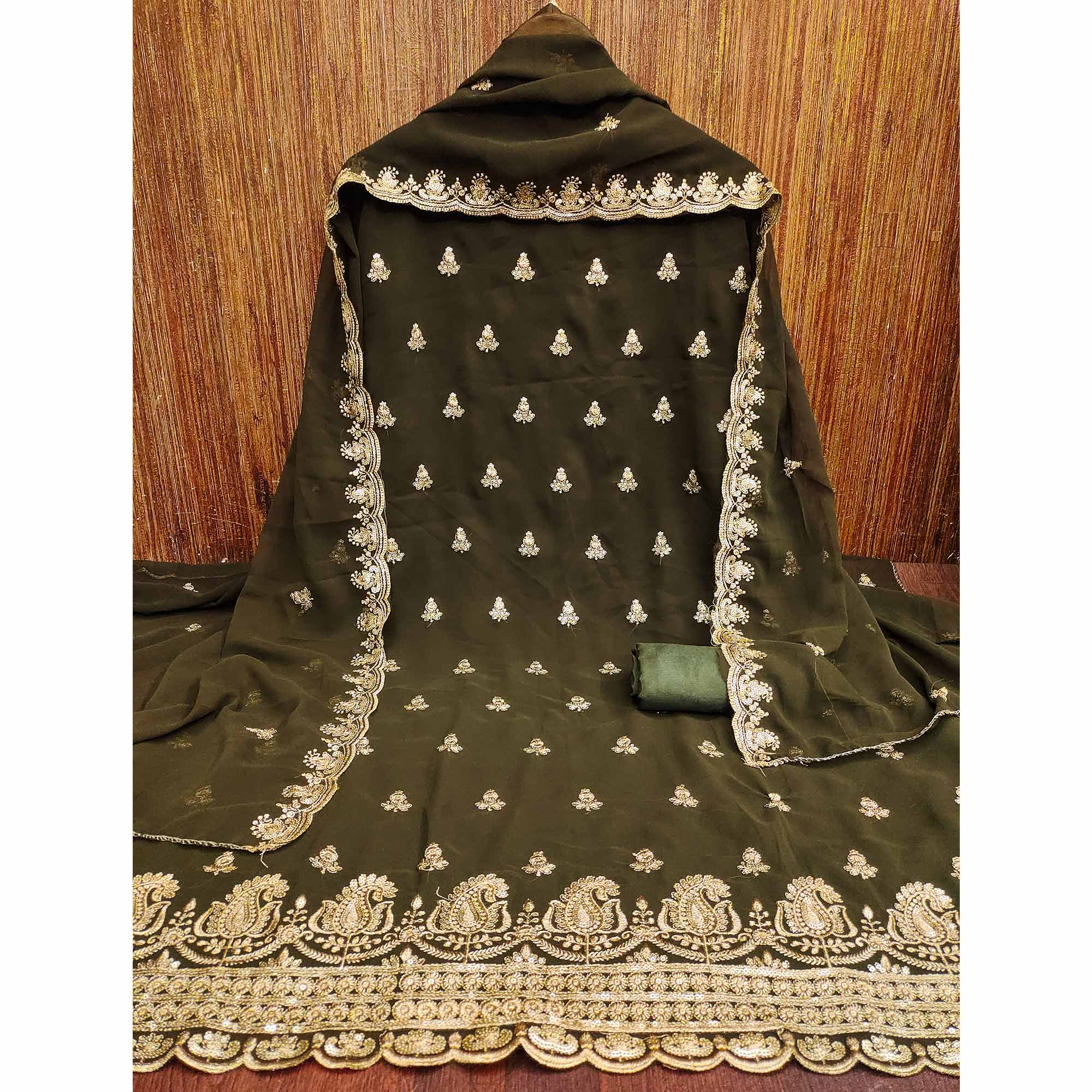 Mehendi Green Floral Sequins Embroidered Georgette Dress Material - Image 4