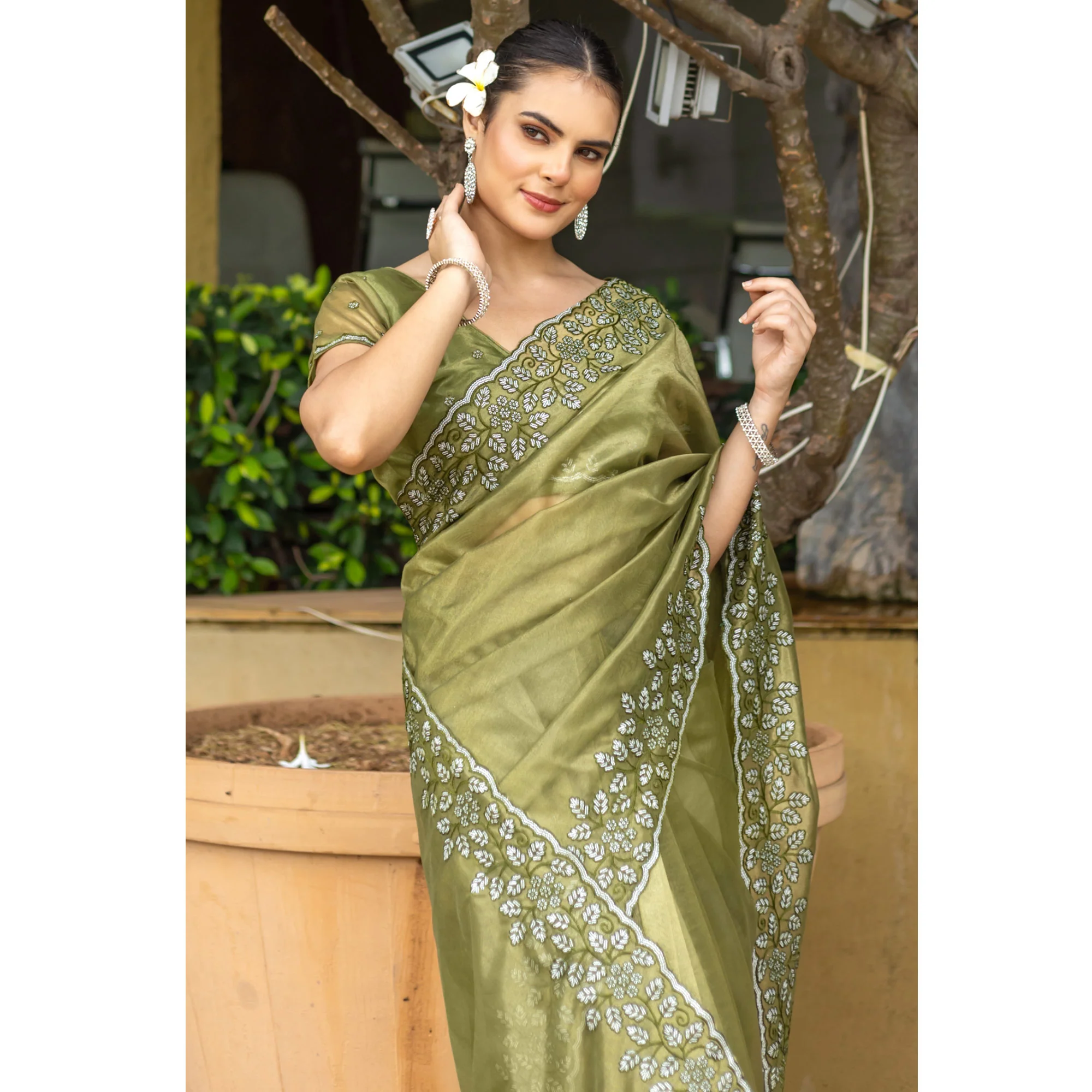 Mehendi Green Floral Sequins Embroidered Twill Net Saree - Image 6