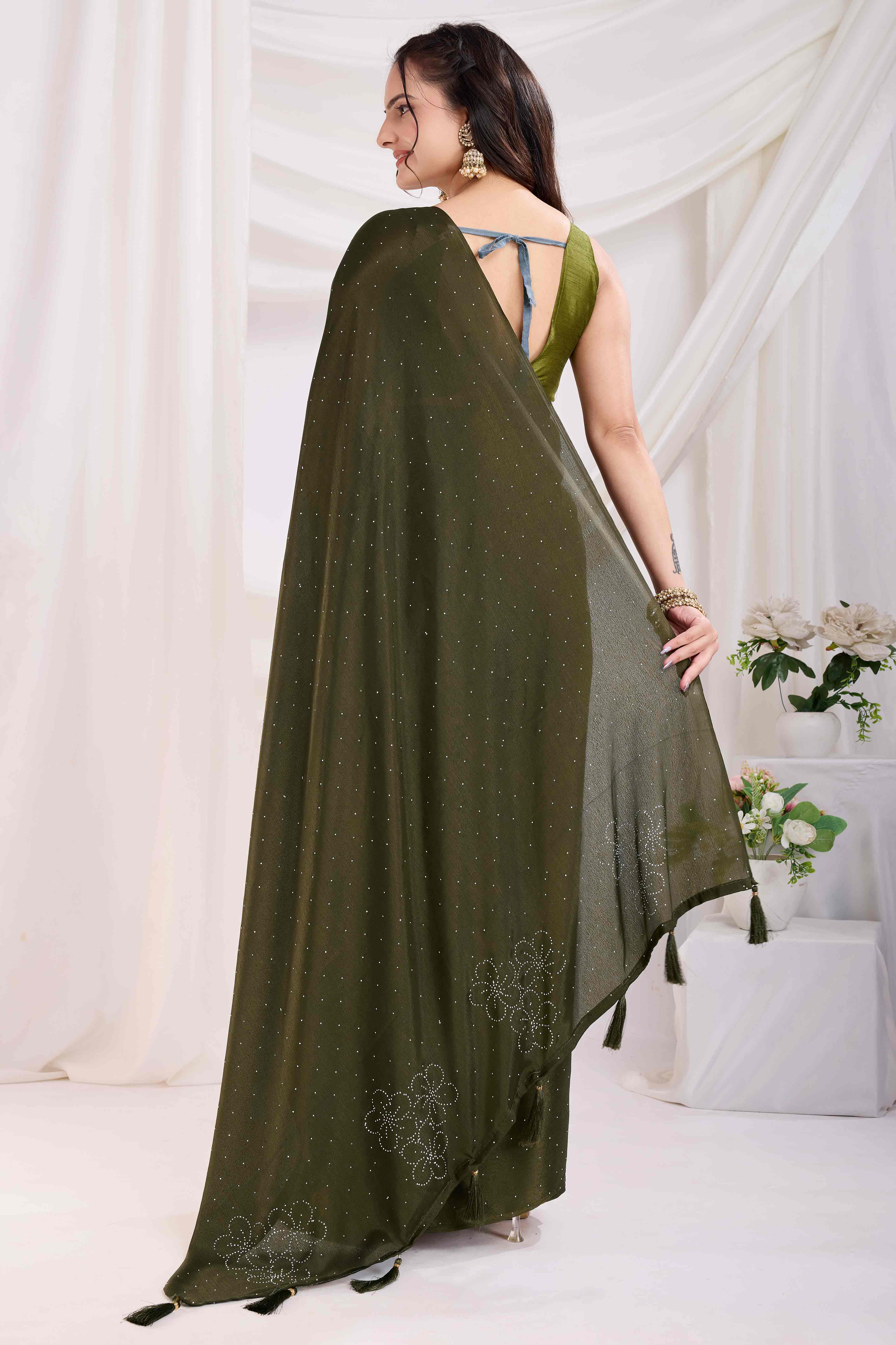 Mehendi Green Floral Swarovski Work Rangoli Art Silk Ready To Wear Saree - Image 5