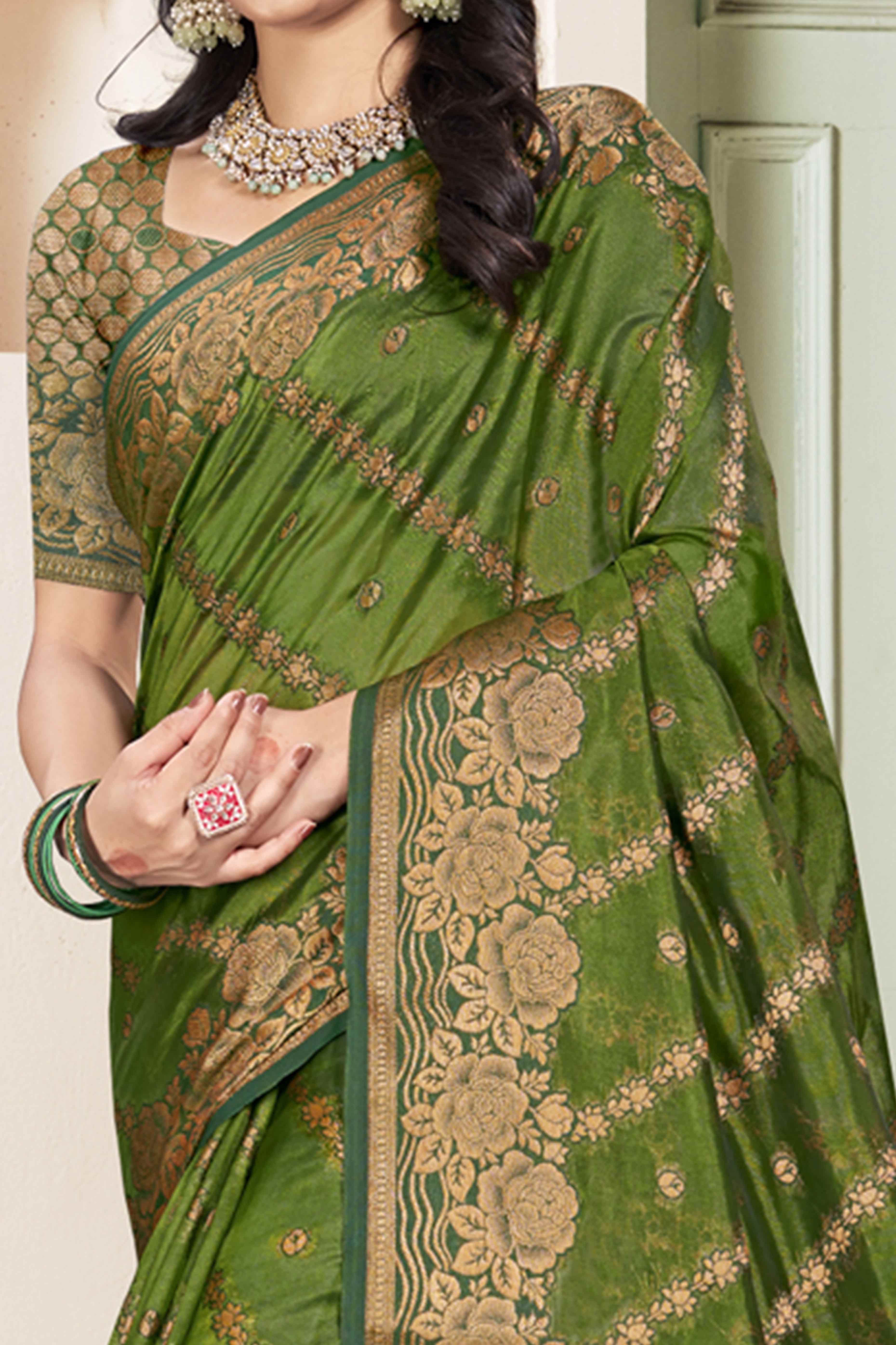 Mehendi Green Floral Woven Cotton Silk Saree - Image 2