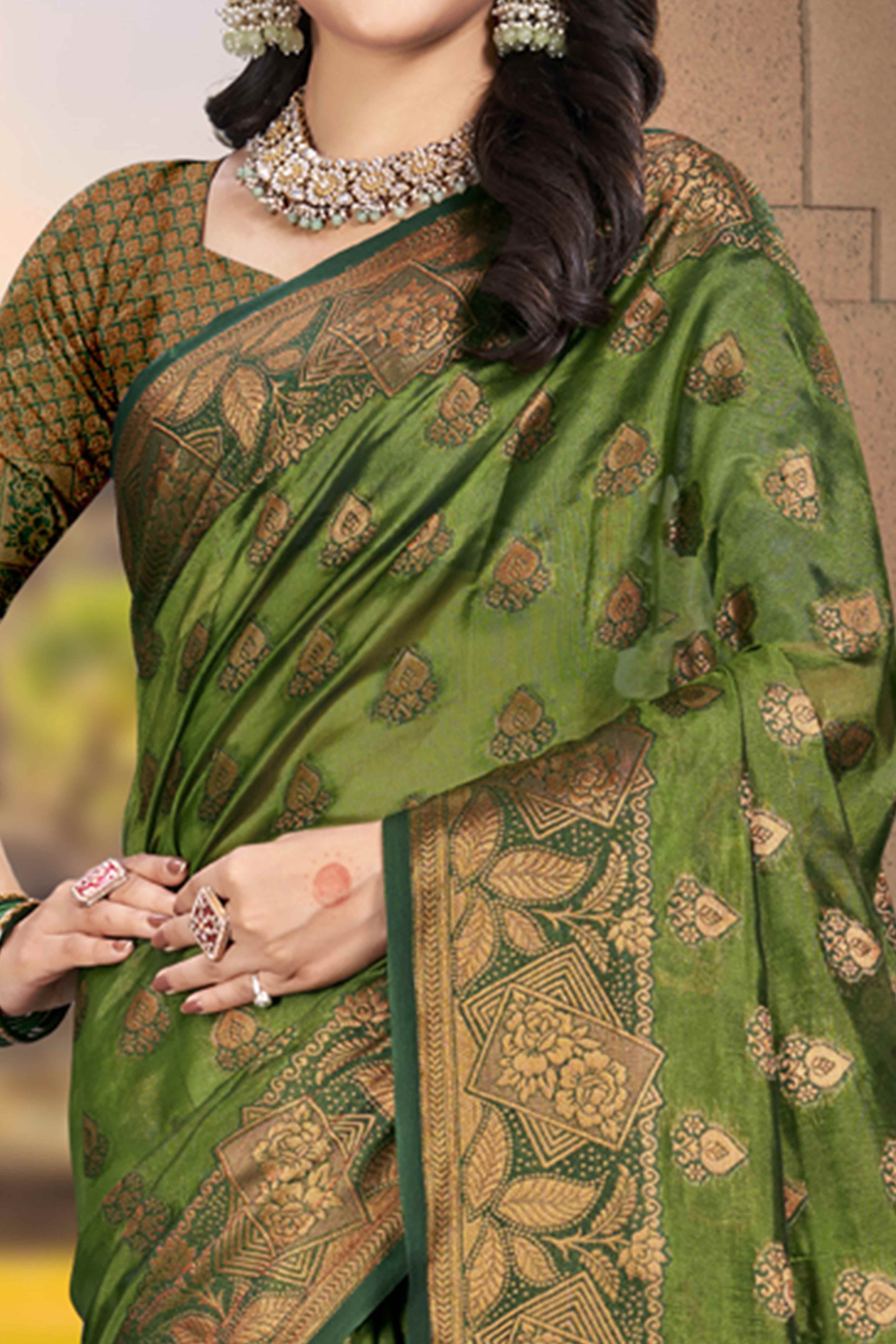 Mehendi Green Floral Woven Cotton Silk Saree - Image 2