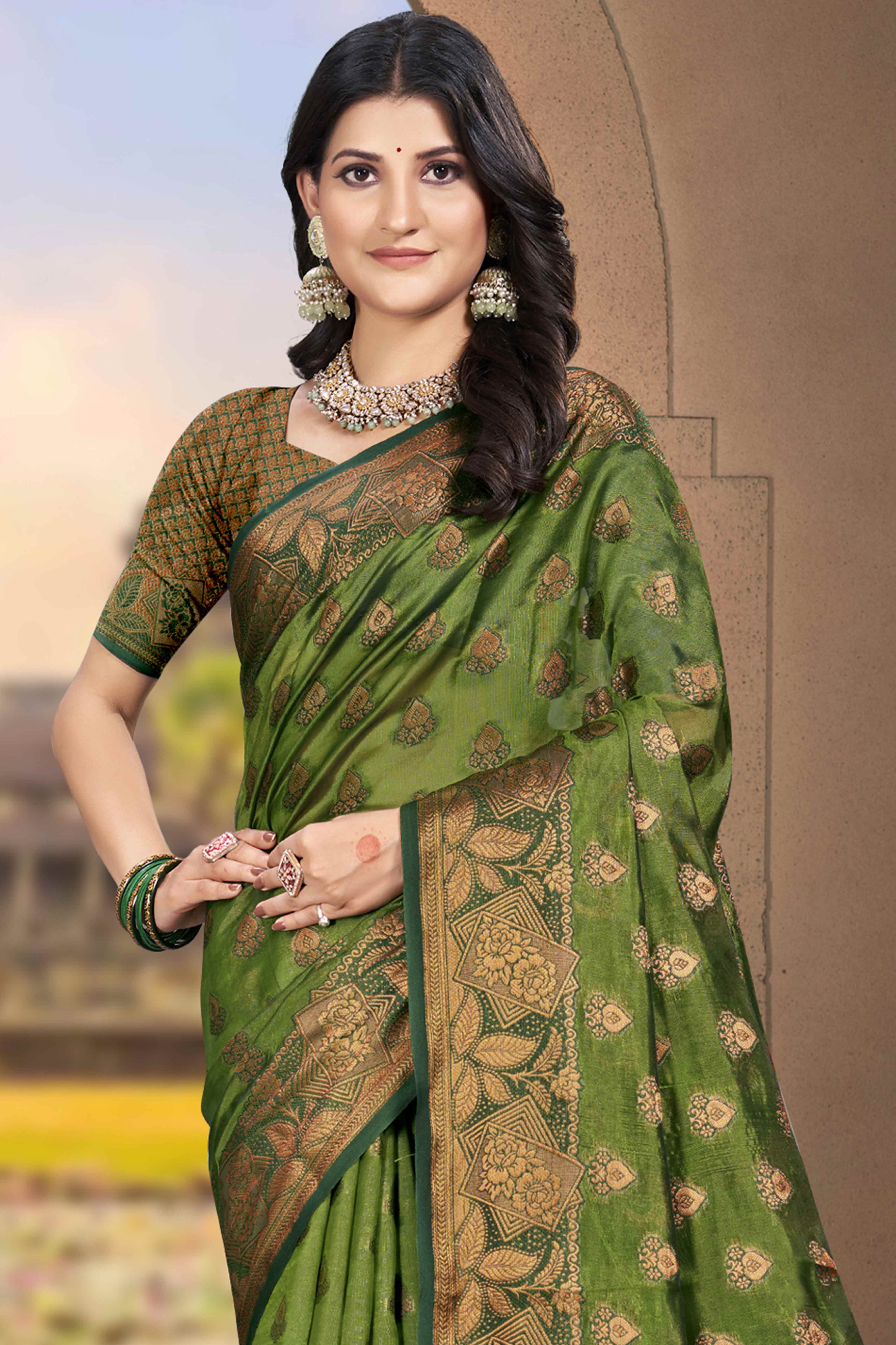 Mehendi Green Floral Woven Cotton Silk Saree - Image 3