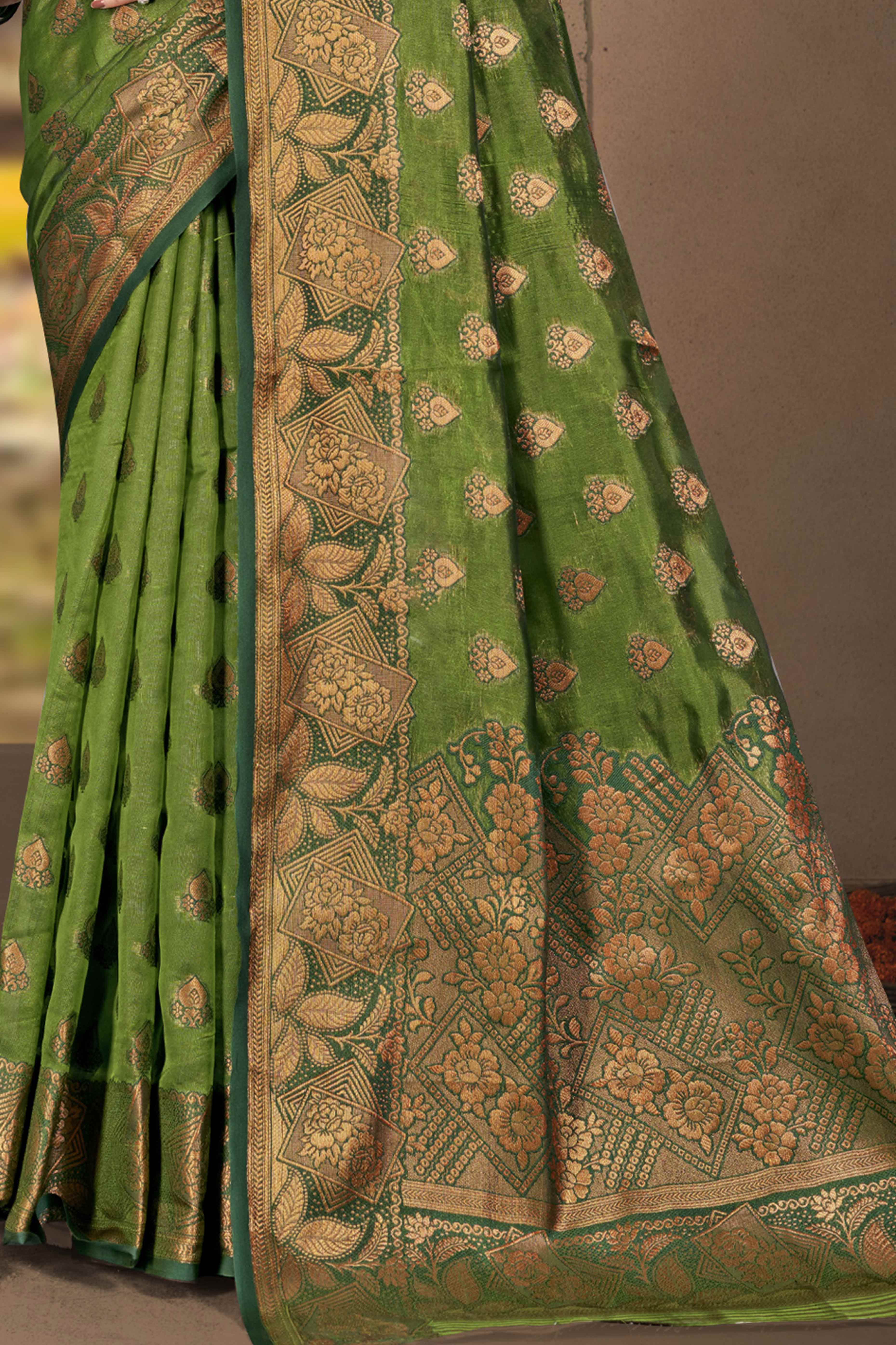Mehendi Green Floral Woven Cotton Silk Saree - Image 4